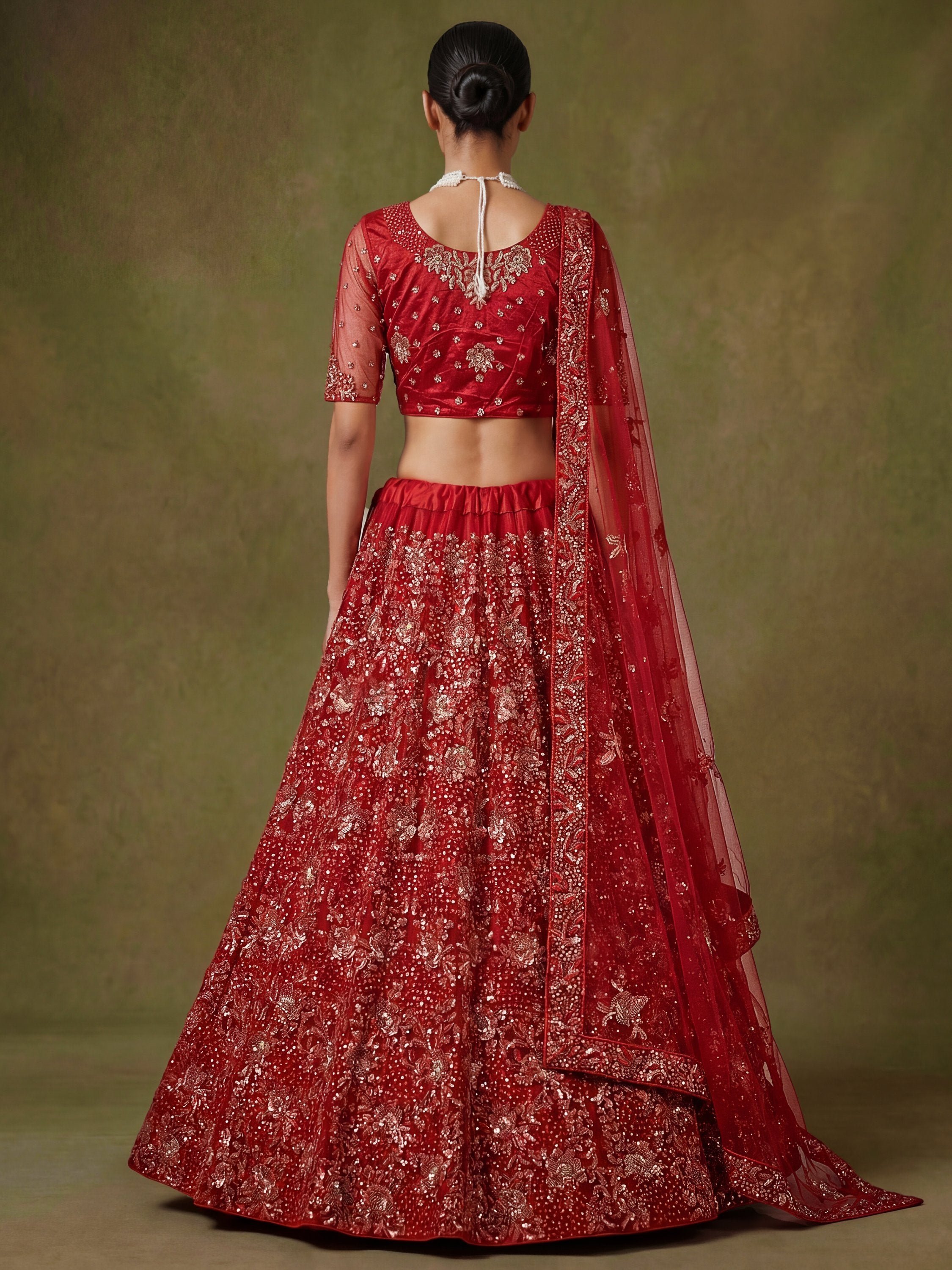 Classic Red Floral Embroidered Net Bridal Lehenga Choli With Dupatta