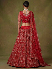 Classic Red Floral Embroidered Net Bridal Lehenga Choli With Dupatta