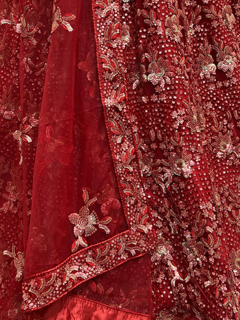 Classic Red Floral Embroidered Net Bridal Lehenga Choli With Dupatta