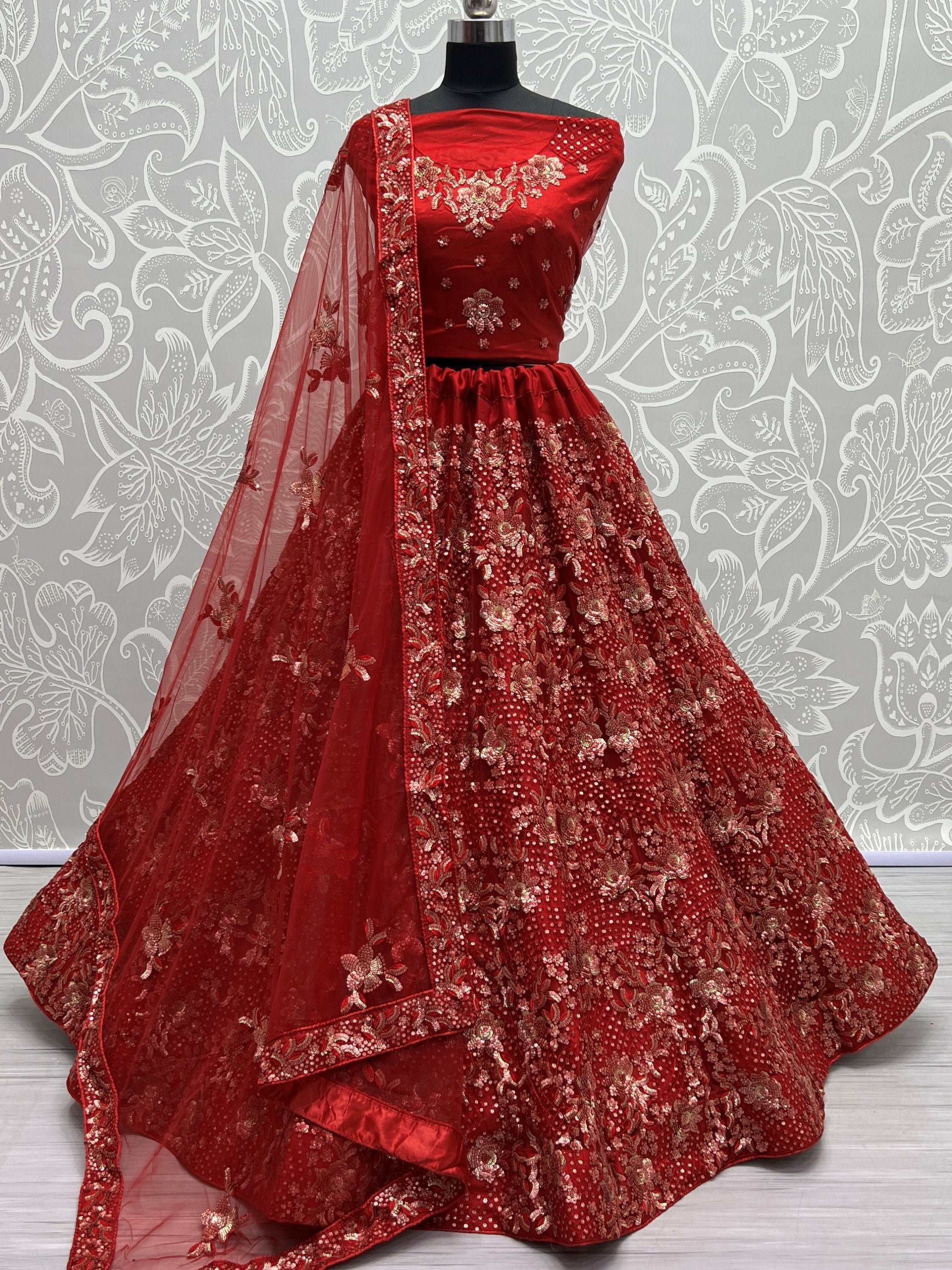 Classic Red Floral Embroidered Net Bridal Lehenga Choli With Dupatta