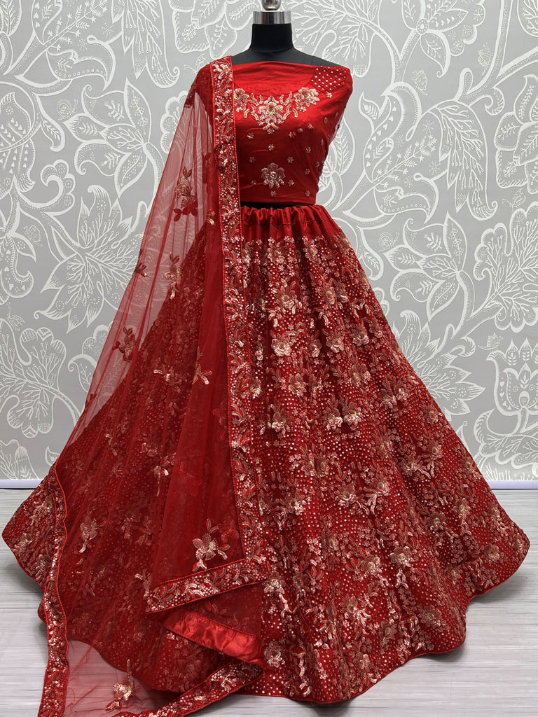 Classic Red Floral Embroidered Net Bridal Lehenga Choli With Dupatta