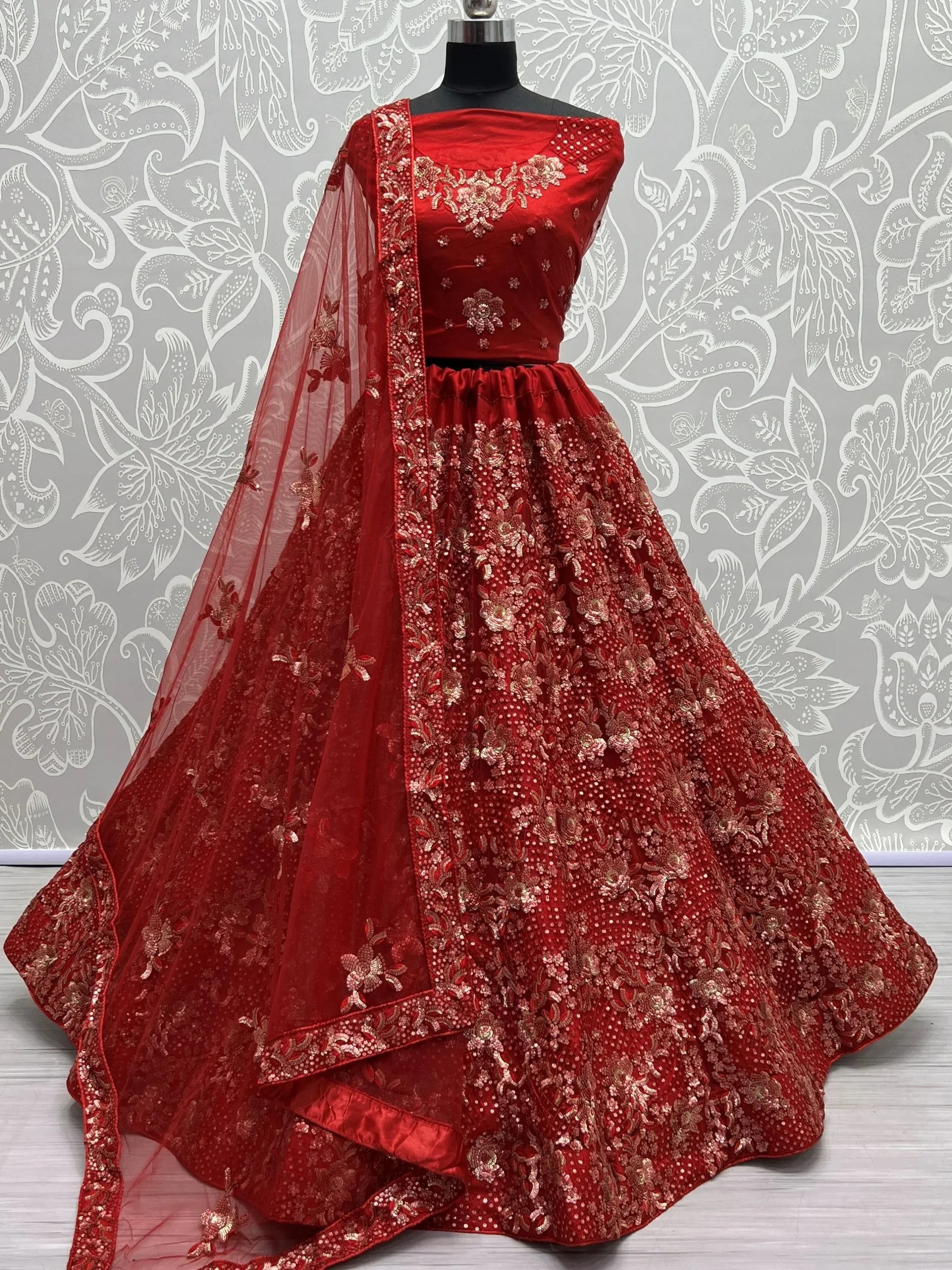 Classic Red Floral Embroidered Net Bridal Lehenga Choli With Dupatta