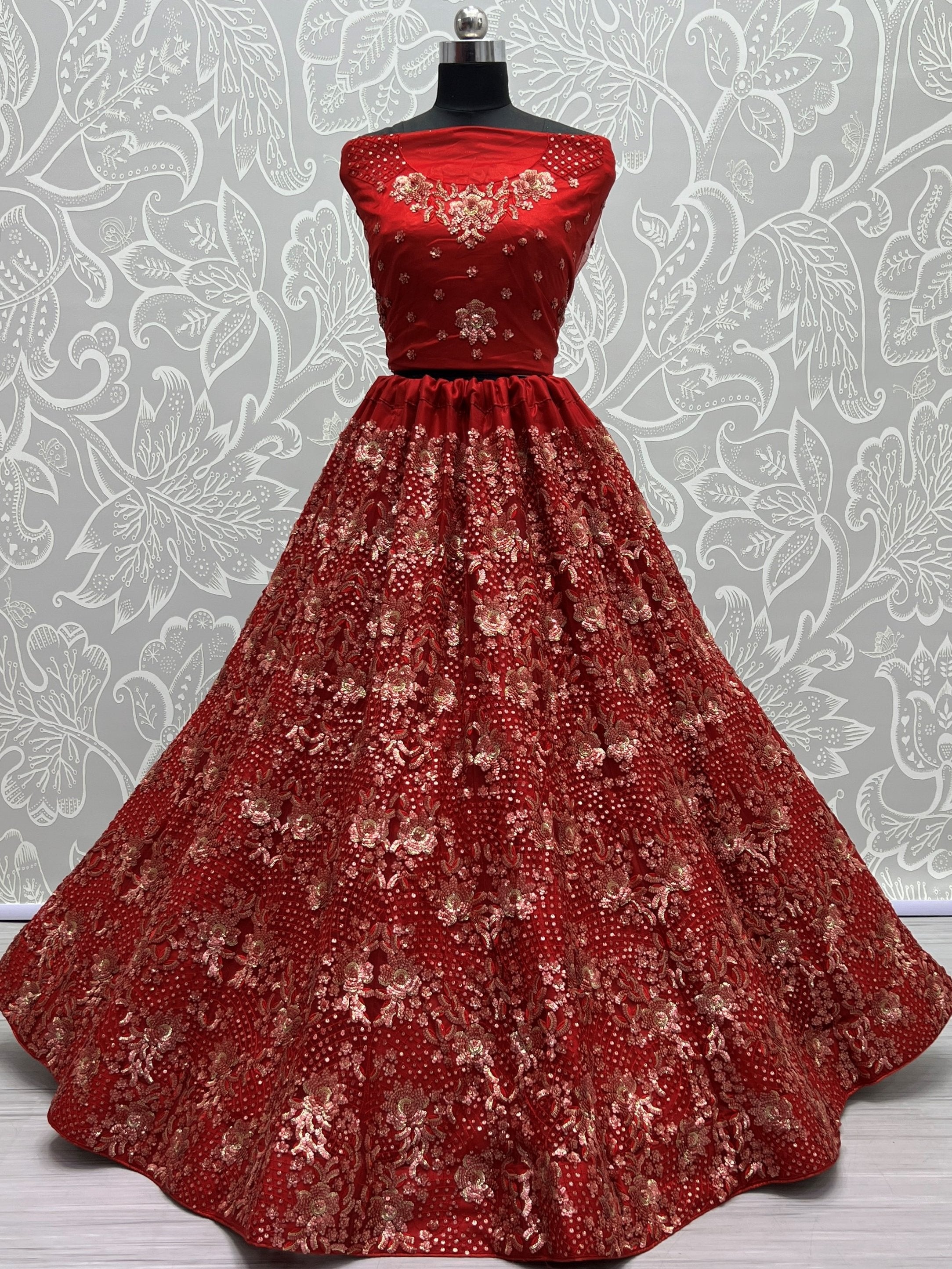 Classic Red Floral Embroidered Net Bridal Lehenga Choli With Dupatta