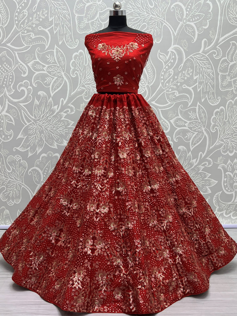Classic Red Floral Embroidered Net Bridal Lehenga Choli With Dupatta