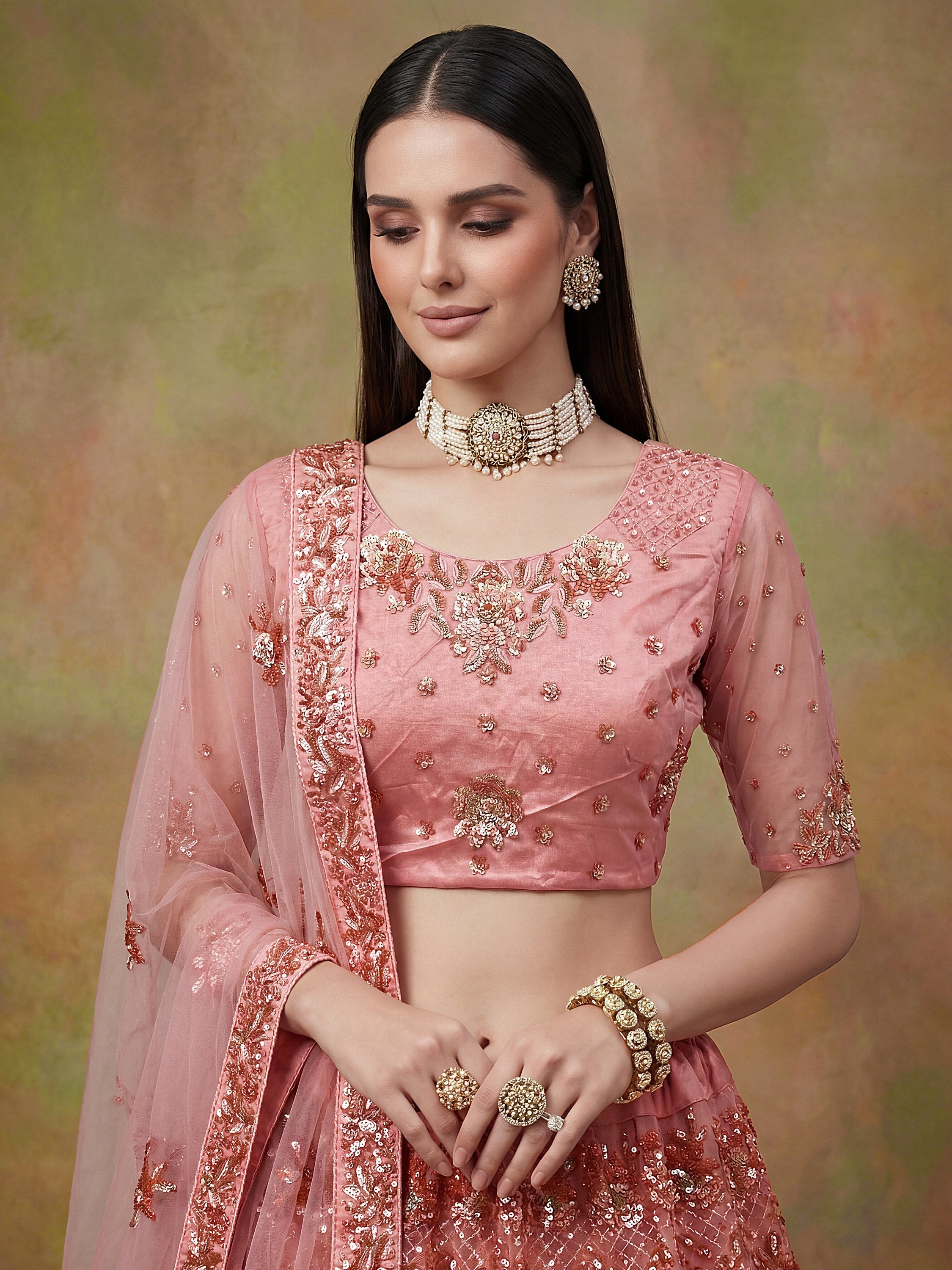 Superb Peach Sequins Net Reception Wear Lehenga With Blouse