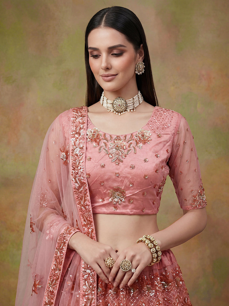 Superb Peach Sequins Net Reception Wear Lehenga With Blouse