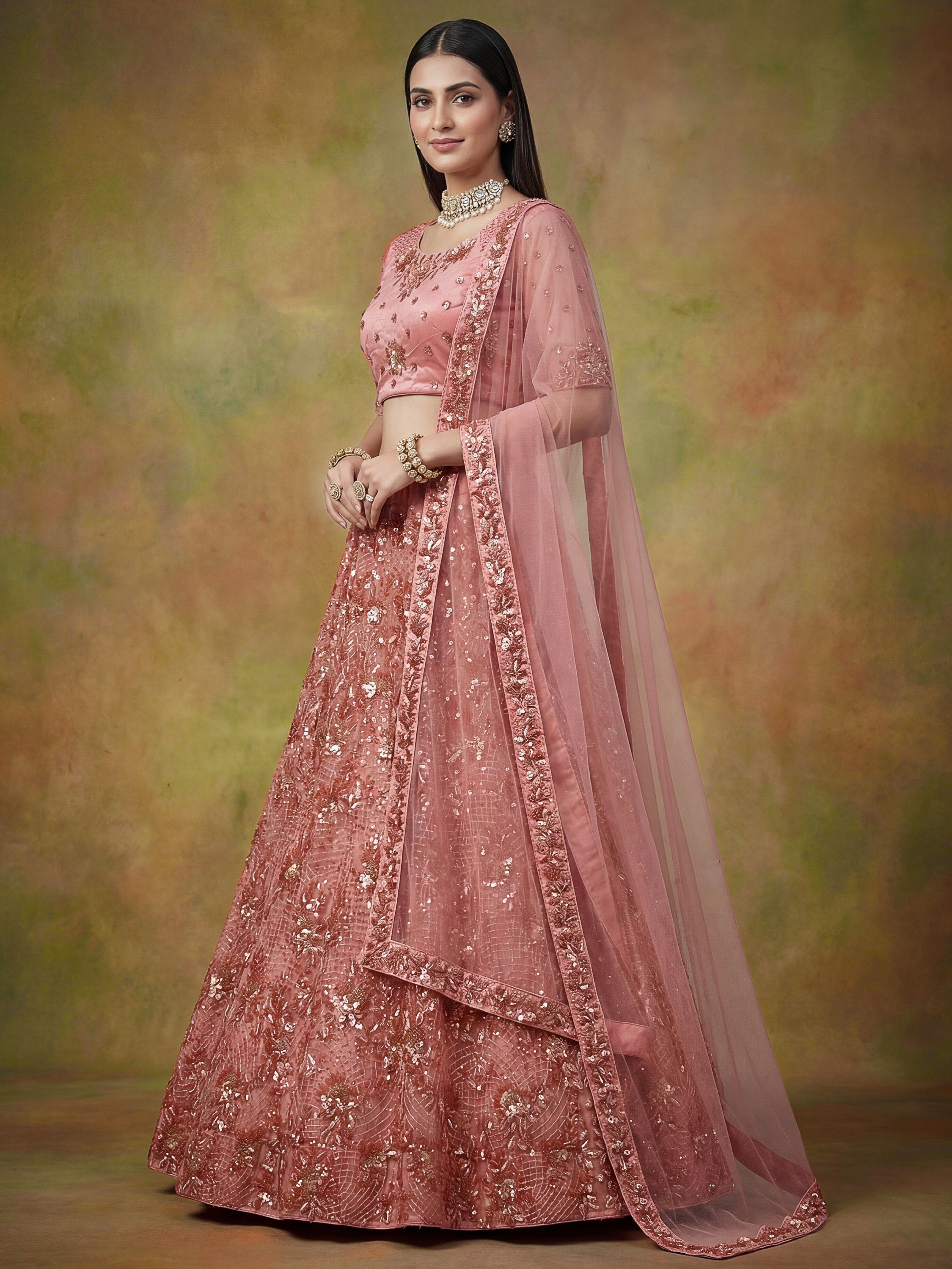Superb Peach Sequins Net Reception Wear Lehenga With Blouse