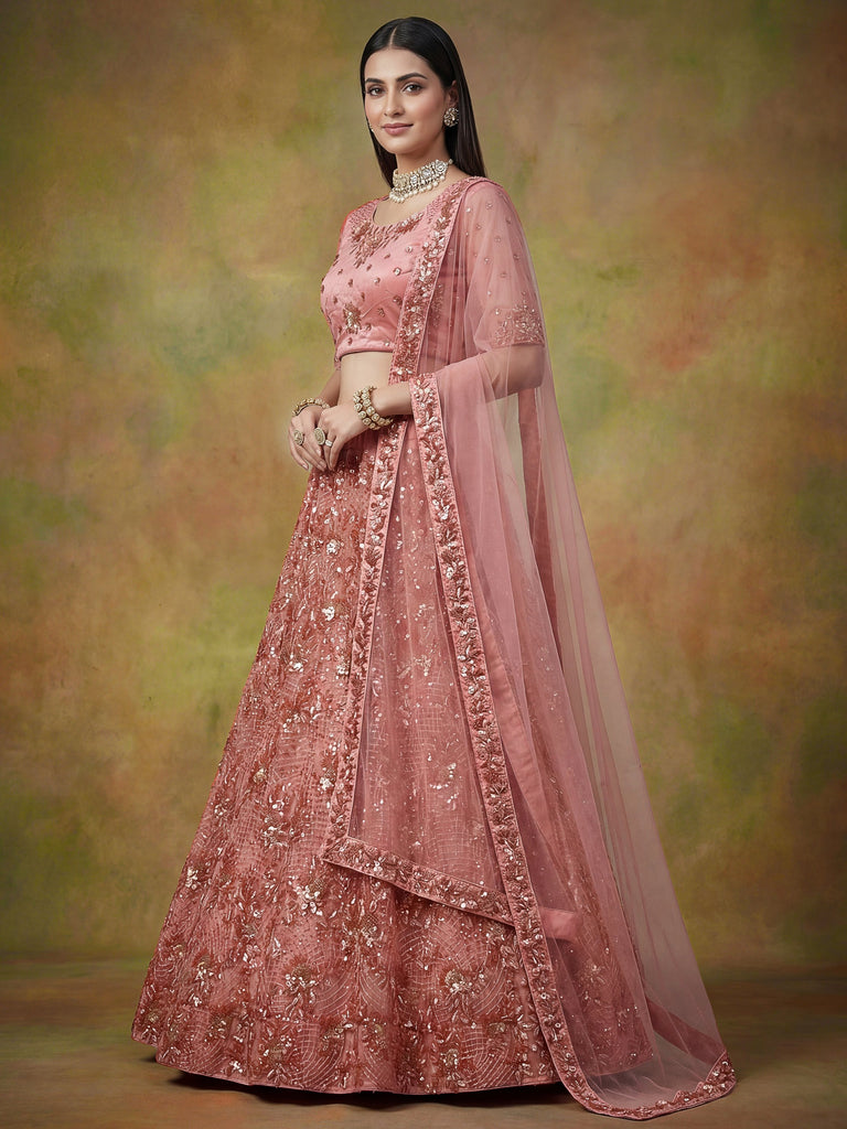 Superb Peach Sequins Net Reception Wear Lehenga With Blouse