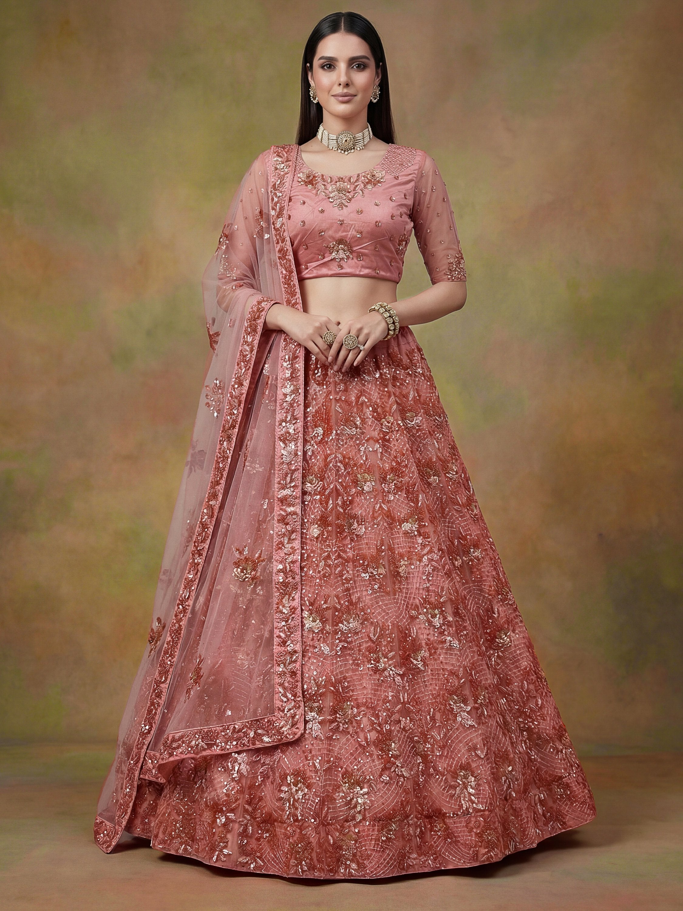 Superb Peach Sequins Net Reception Wear Lehenga With Blouse