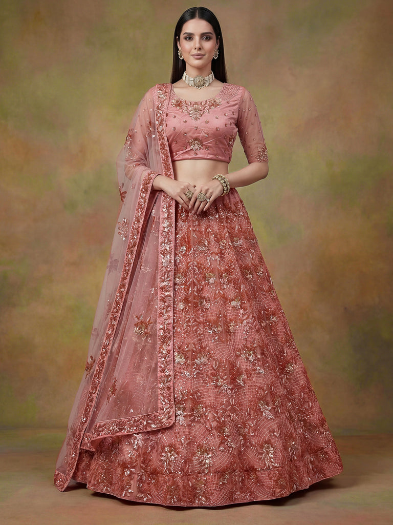 Superb Peach Sequins Net Reception Wear Lehenga With Blouse