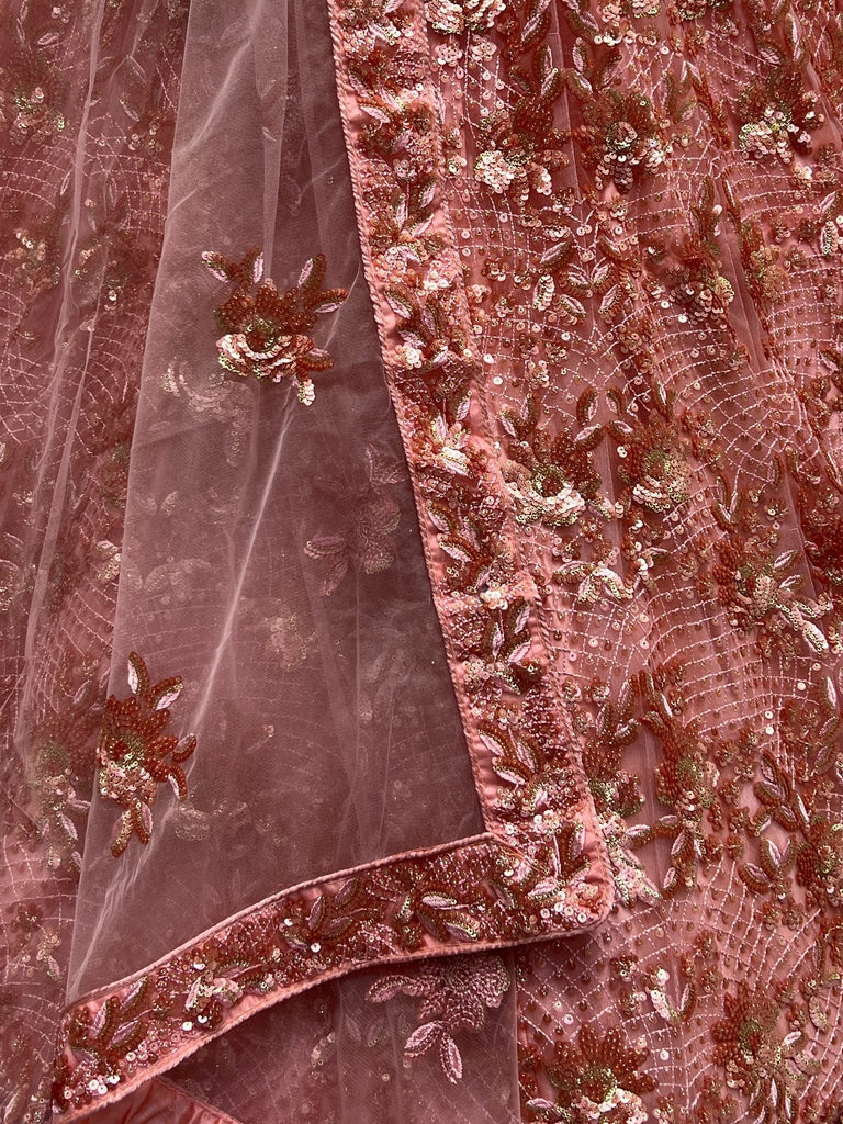Superb Peach Sequins Net Reception Wear Lehenga With Blouse