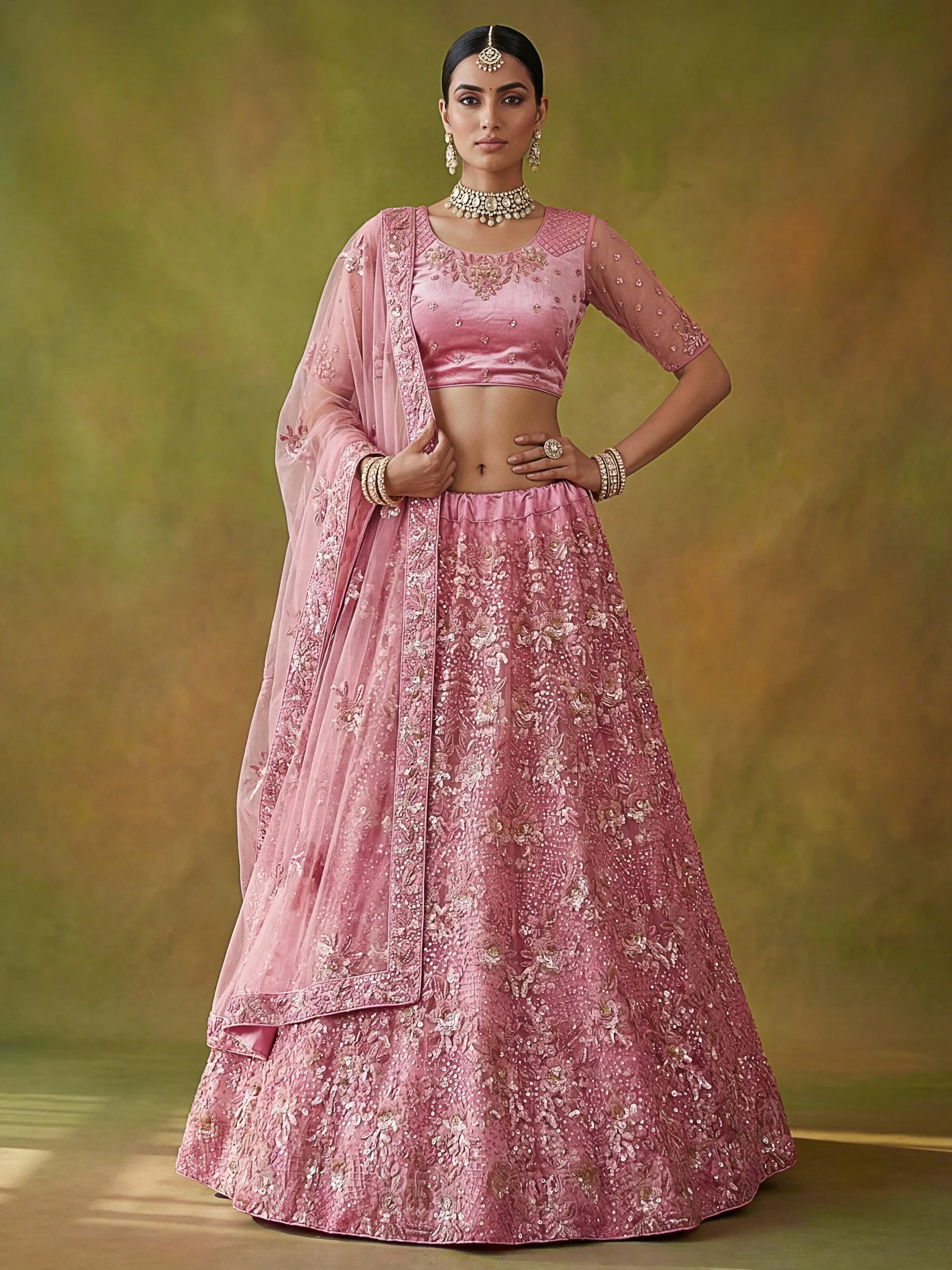 Captivating Pink Sequins Net Bridesmaid Lehenga Choli With Dupatta