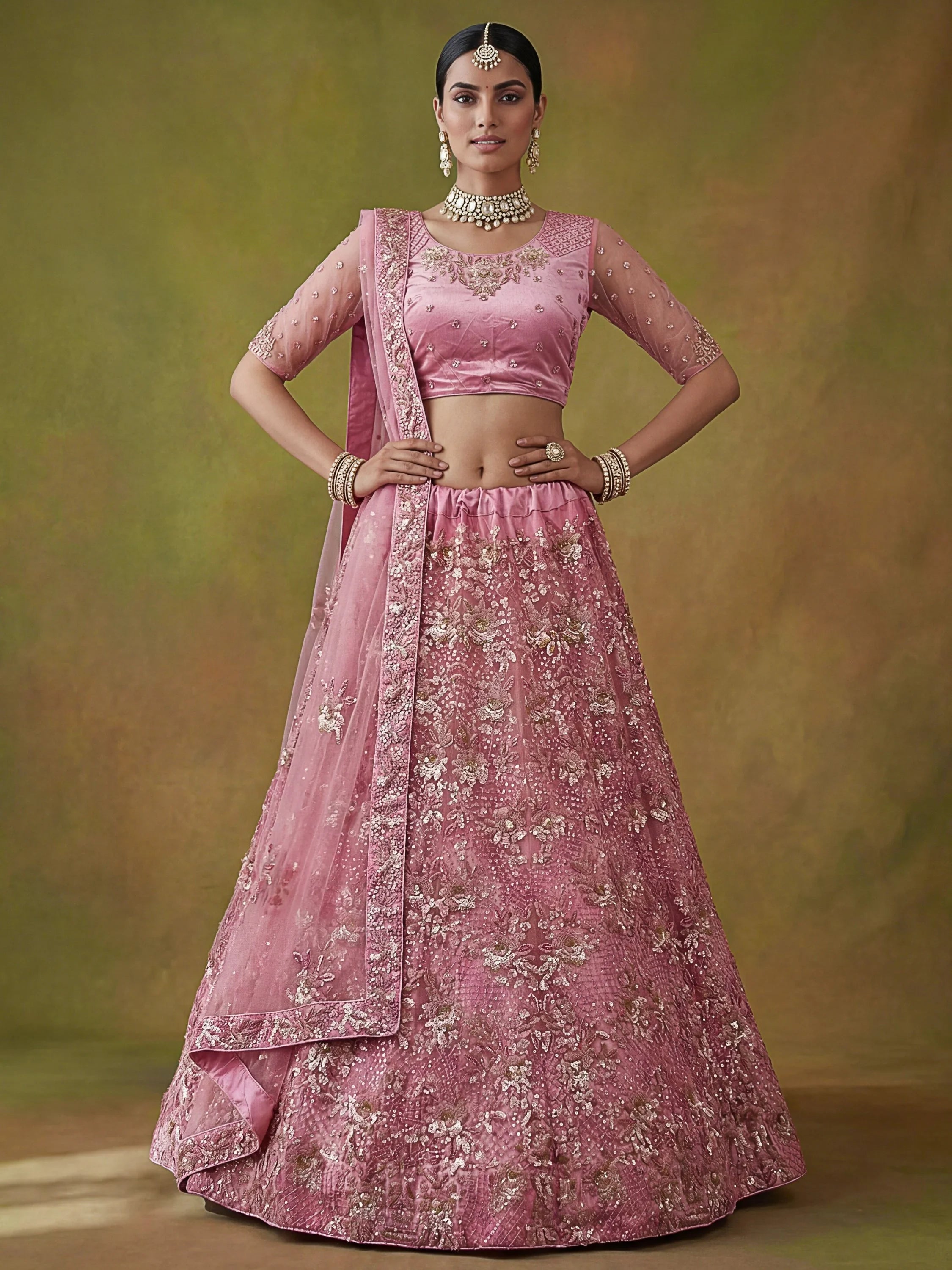 Captivating Pink Sequins Net Bridesmaid Lehenga Choli With Dupatta