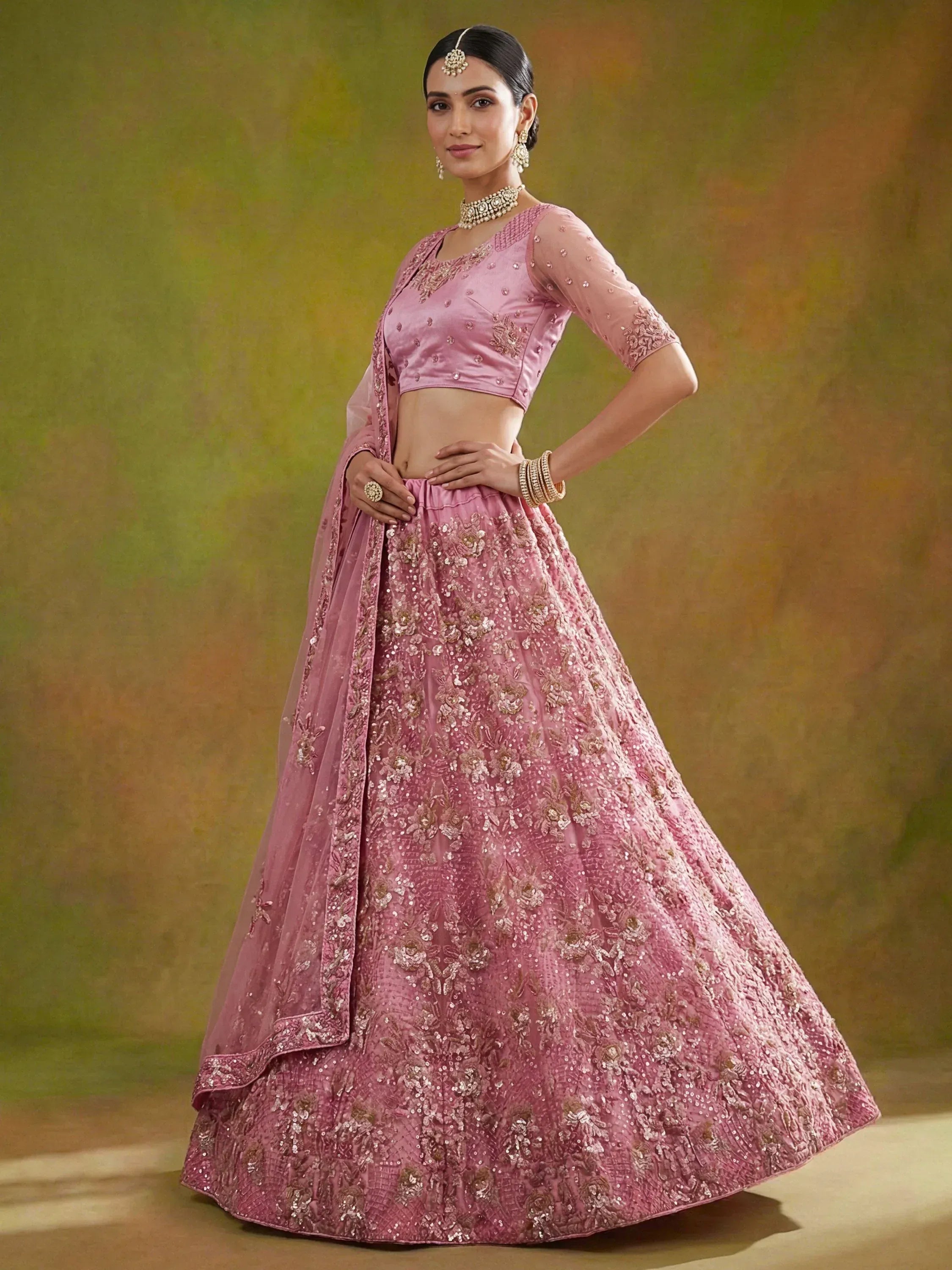Captivating Pink Sequins Net Bridesmaid Lehenga Choli With Dupatta