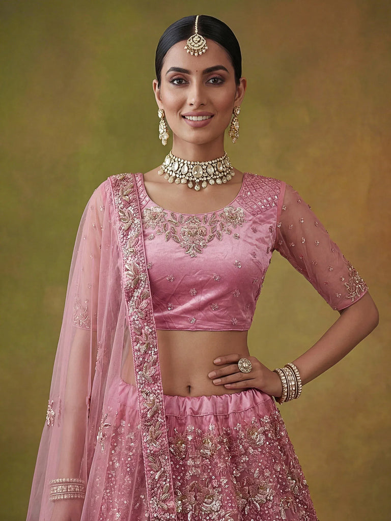 Captivating Pink Sequins Net Bridesmaid Lehenga Choli With Dupatta