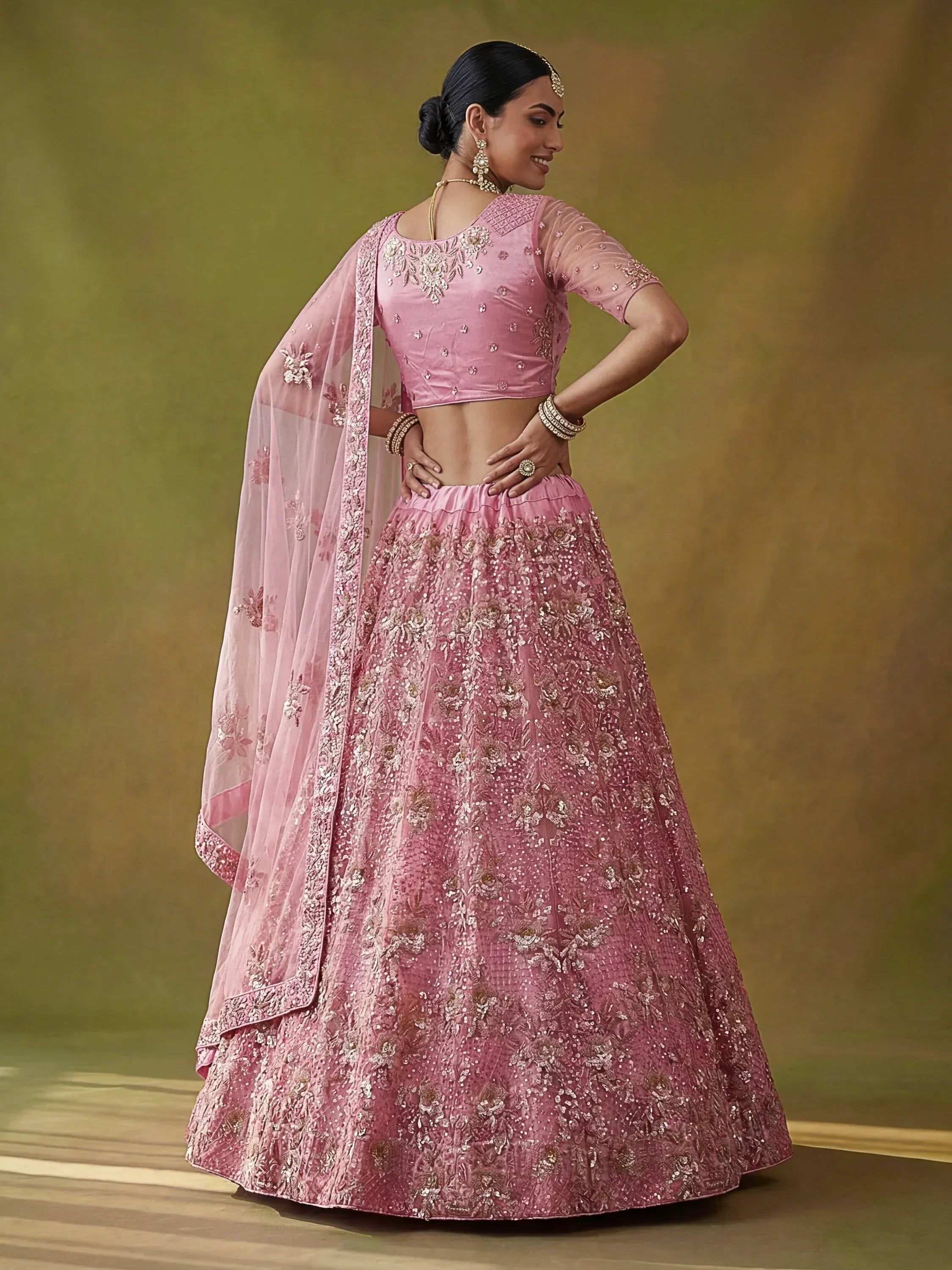 Captivating Pink Sequins Net Bridesmaid Lehenga Choli With Dupatta
