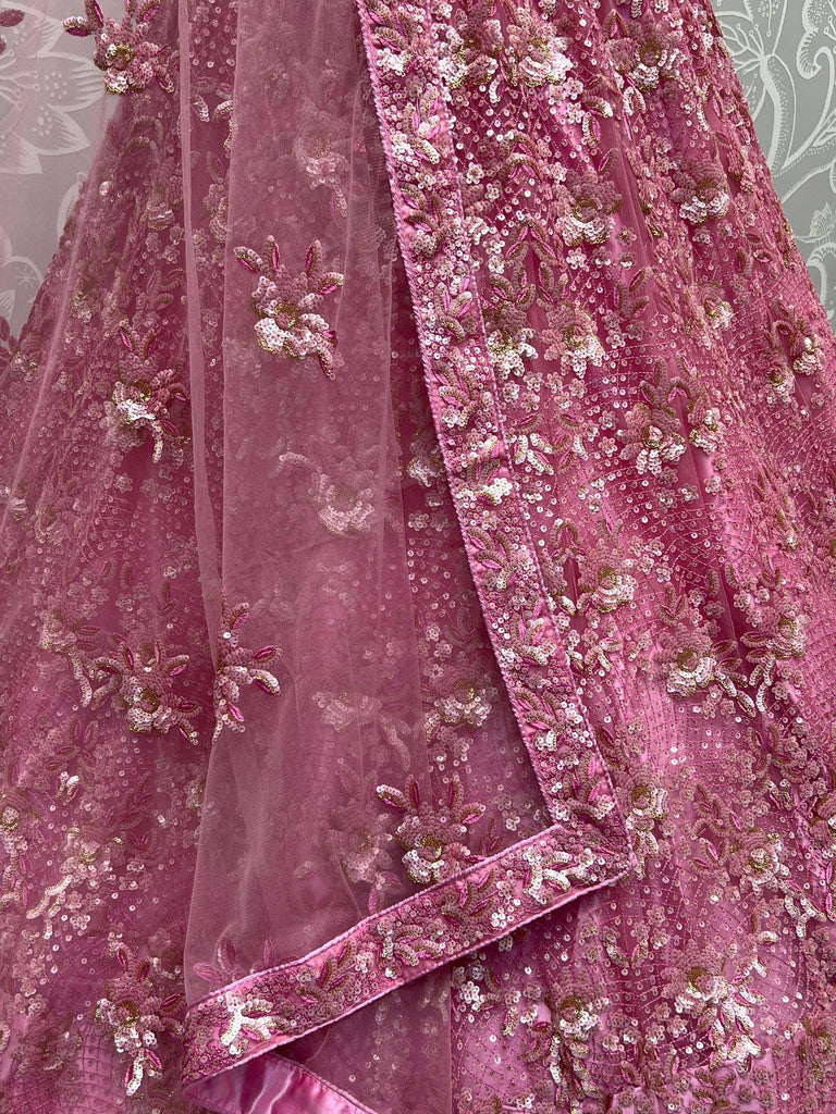 Captivating Pink Sequins Net Bridesmaid Lehenga Choli With Dupatta