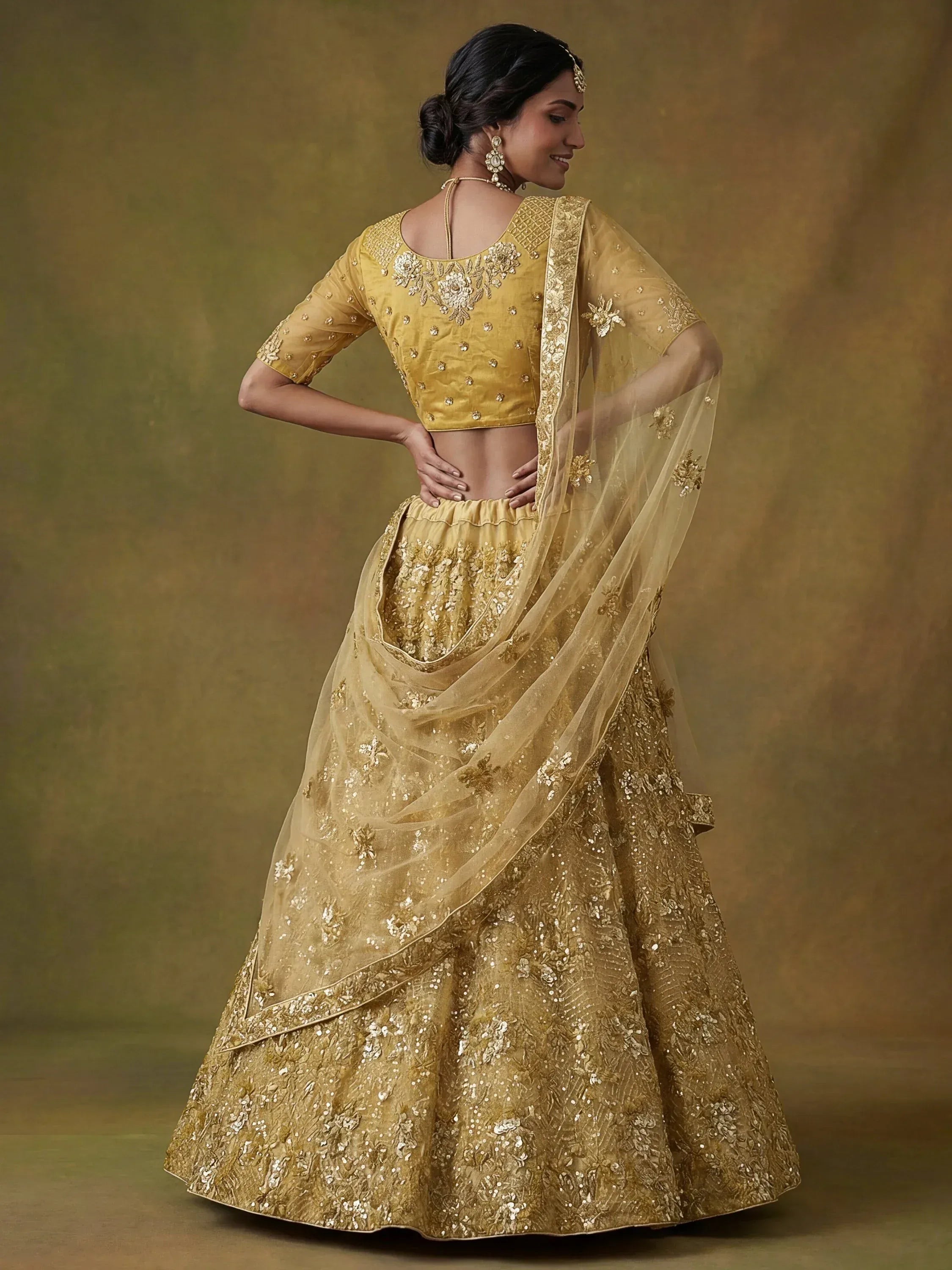 Shiny Yellow Sequins Net Haldi Wear Lehenga Choli With Dupatta