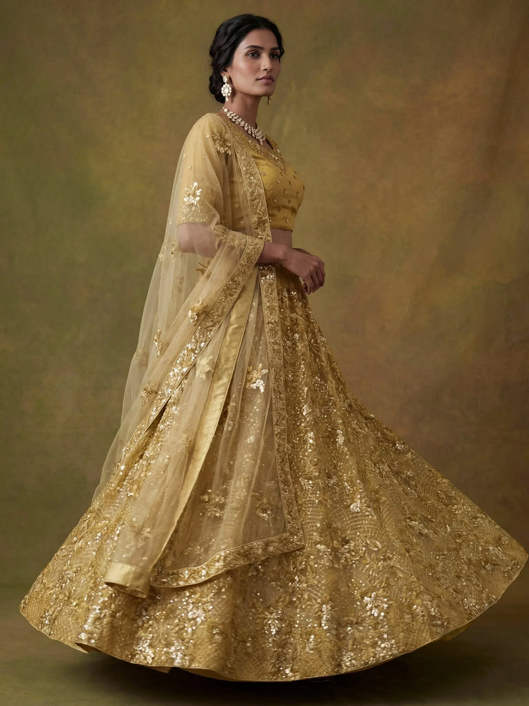 Shiny Yellow Sequins Net Haldi Wear Lehenga Choli With Dupatta