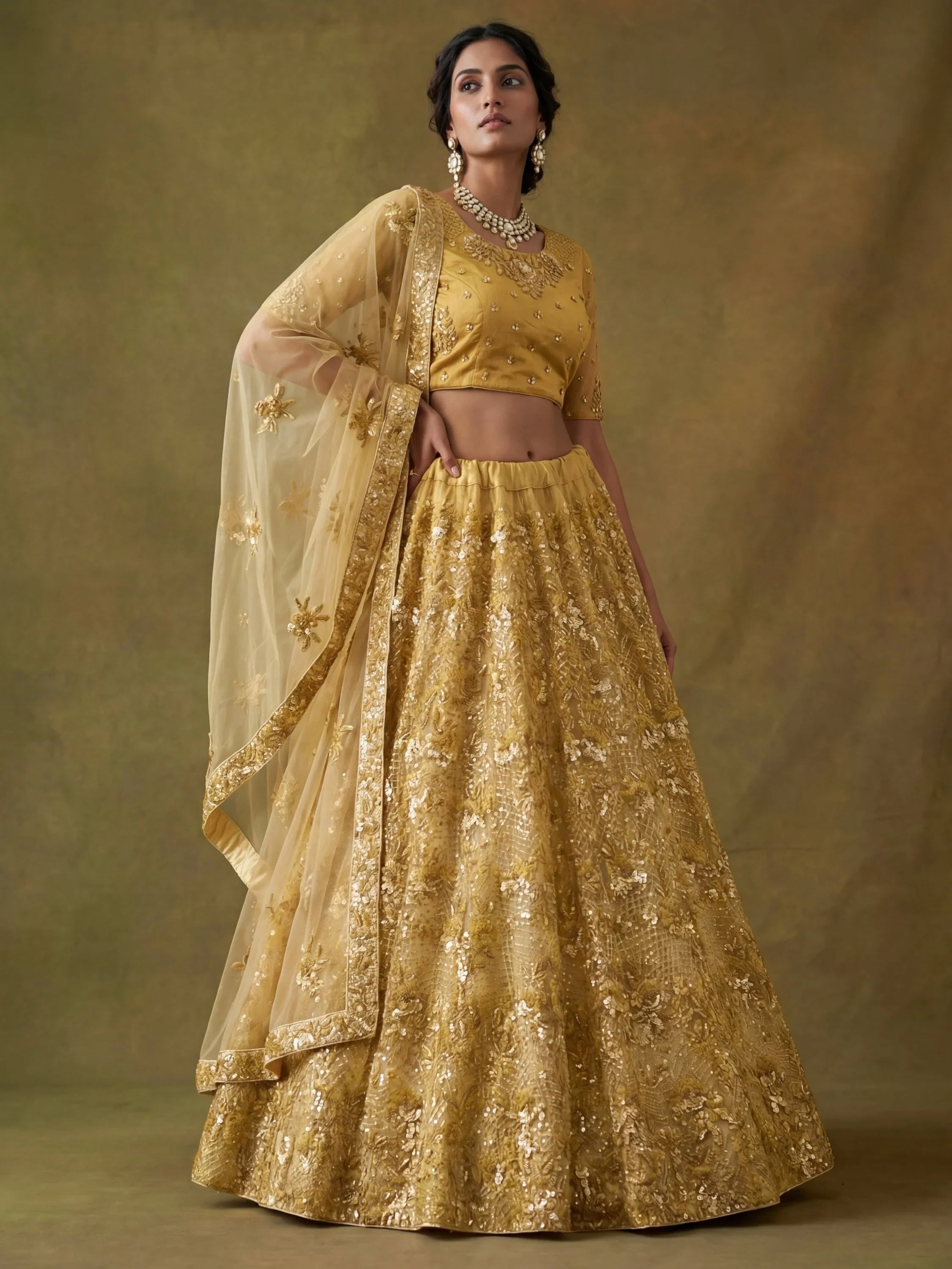 Shiny Yellow Sequins Net Haldi Wear Lehenga Choli With Dupatta