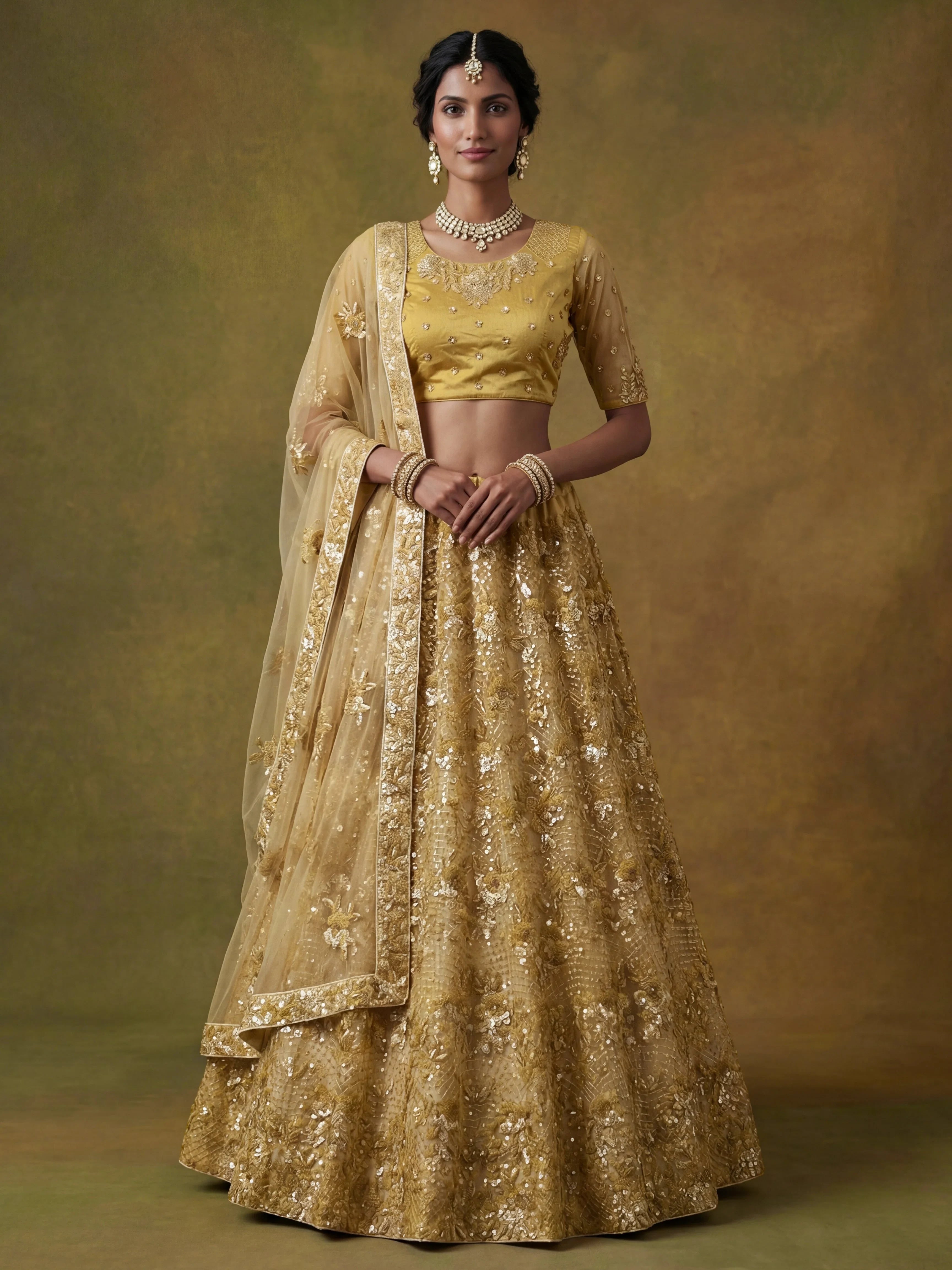 Shiny Yellow Sequins Net Haldi Wear Lehenga Choli With Dupatta