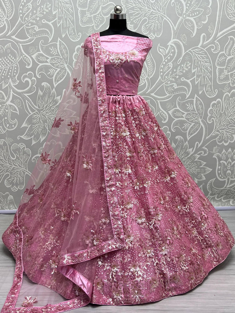 Captivating Pink Sequins Net Bridesmaid Lehenga Choli With Dupatta
