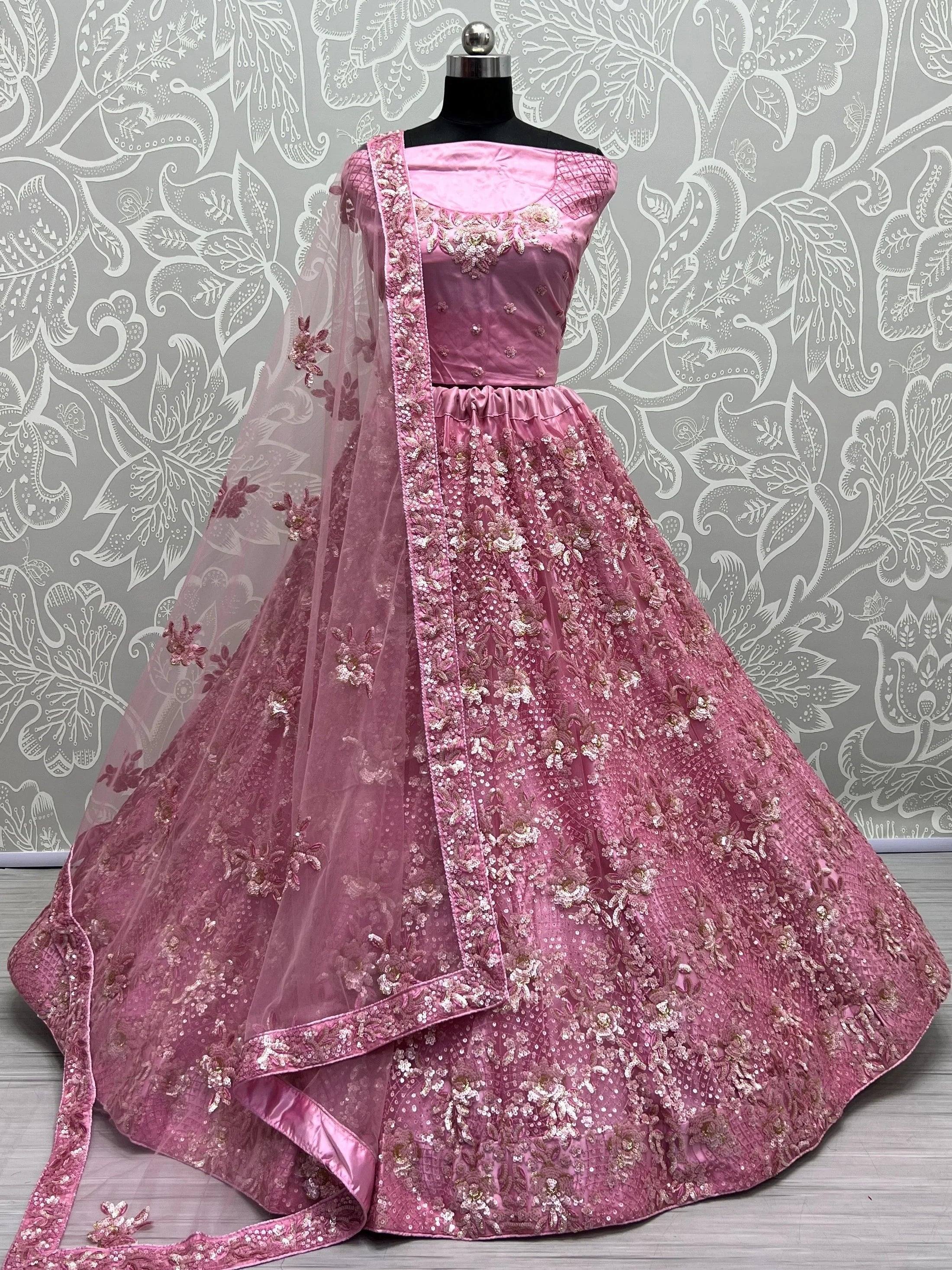 Captivating Pink Sequins Net Bridesmaid Lehenga Choli With Dupatta