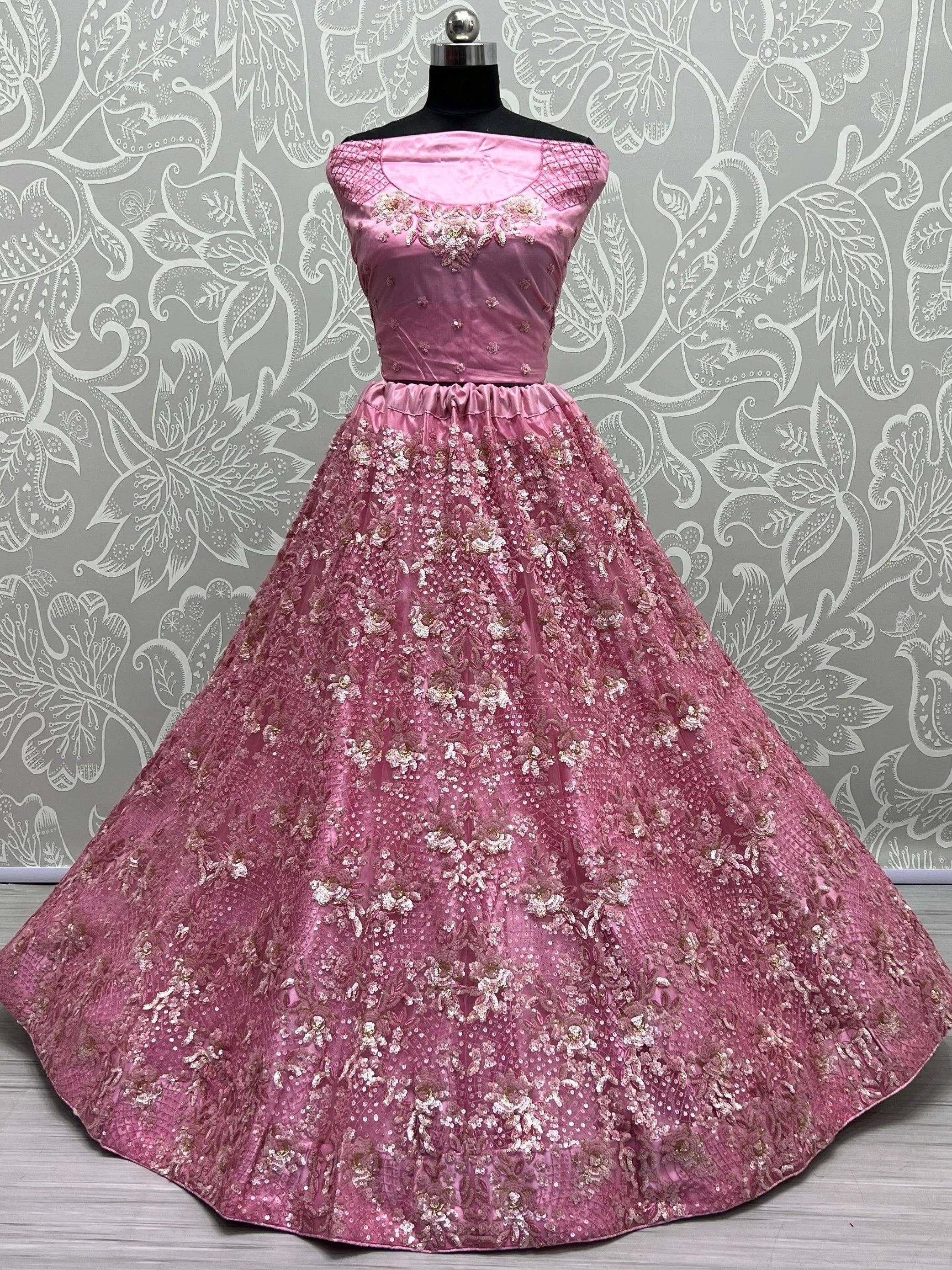 Captivating Pink Sequins Net Bridesmaid Lehenga Choli With Dupatta