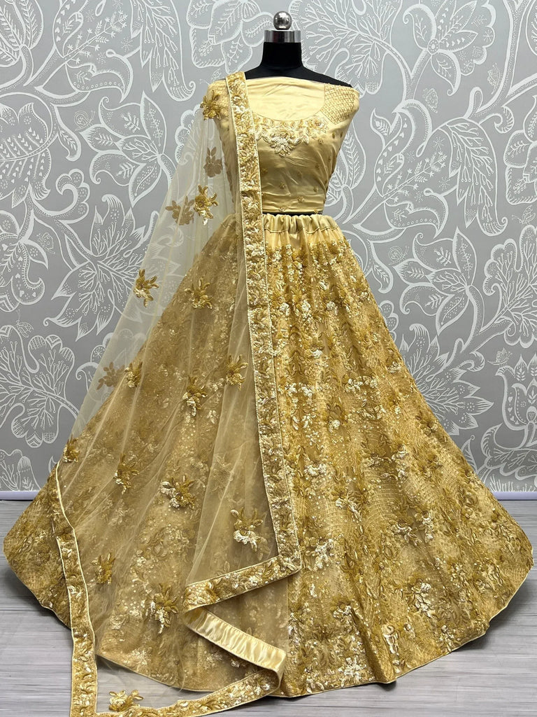 Shiny Yellow Sequins Net Haldi Wear Lehenga Choli With Dupatta