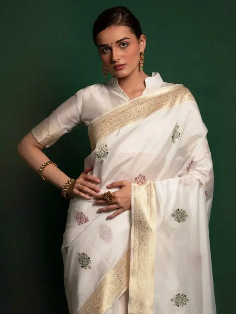 Prodigious White Zari Weaving occasional Wear Silk Saree With Blouse