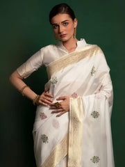 Prodigious White Zari Weaving occasional Wear Silk Saree With Blouse