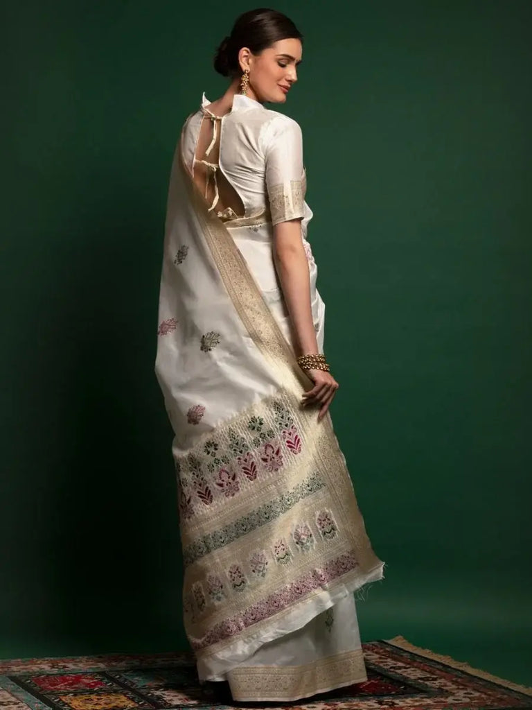 Prodigious White Zari Weaving occasional Wear Silk Saree With Blouse