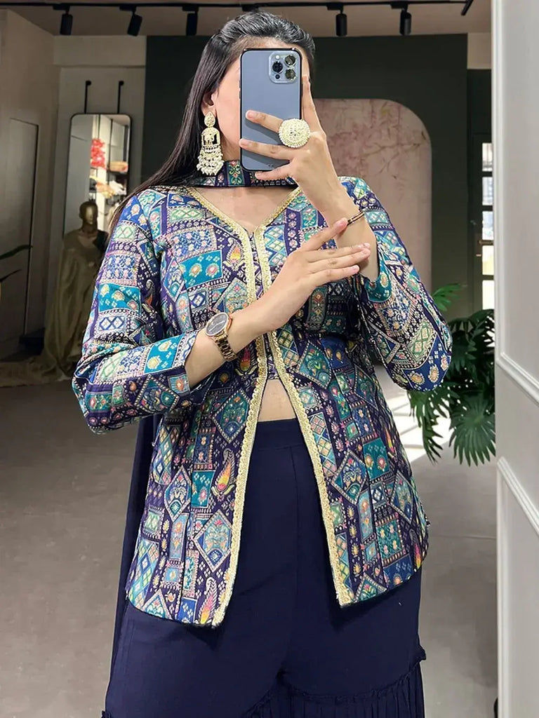 Lovely Navy Blue Weaving Work Jacquard Silk Function Wear Sharara Suit