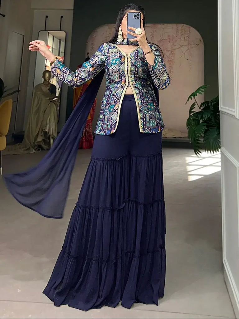Lovely Navy Blue Weaving Work Jacquard Silk Function Wear Sharara Suit
