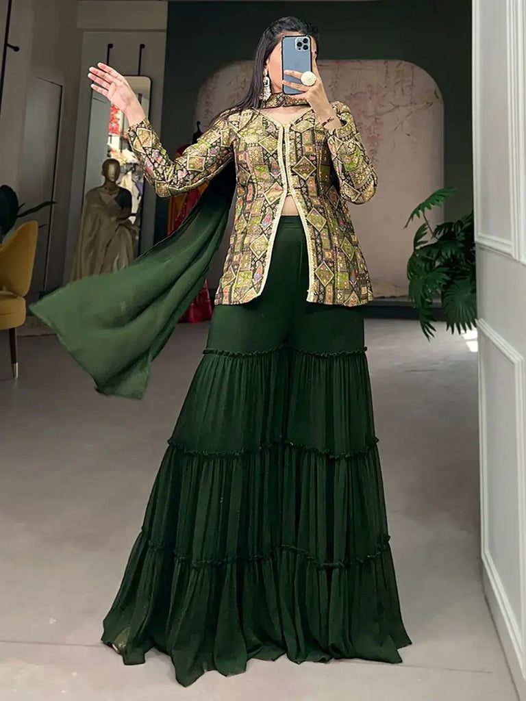 Charming Olive Green Jacquard Silk Designer Sharara Suit With Dupatta