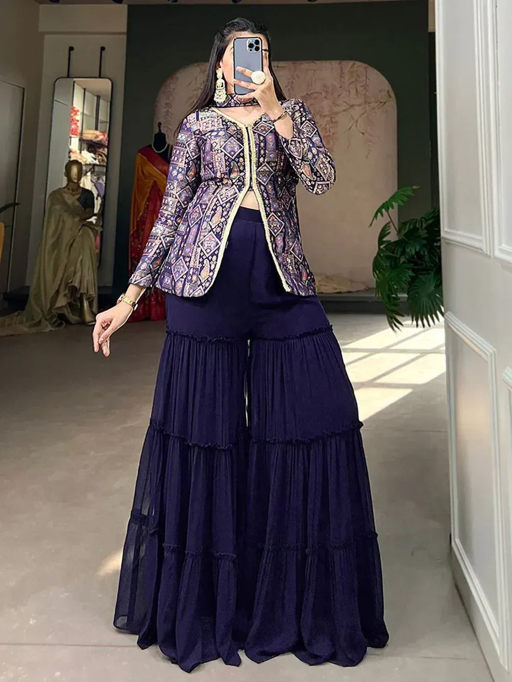Purple tiered palazzo pants with printed jacket, ethnic wear for women