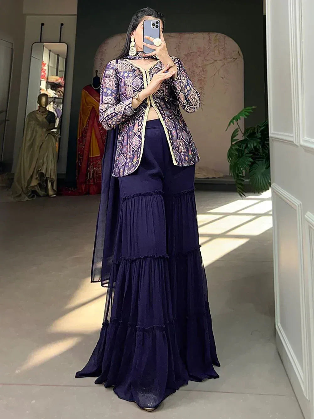 Navy blue tiered palazzo with printed jacket, ethnic Indian wear for women