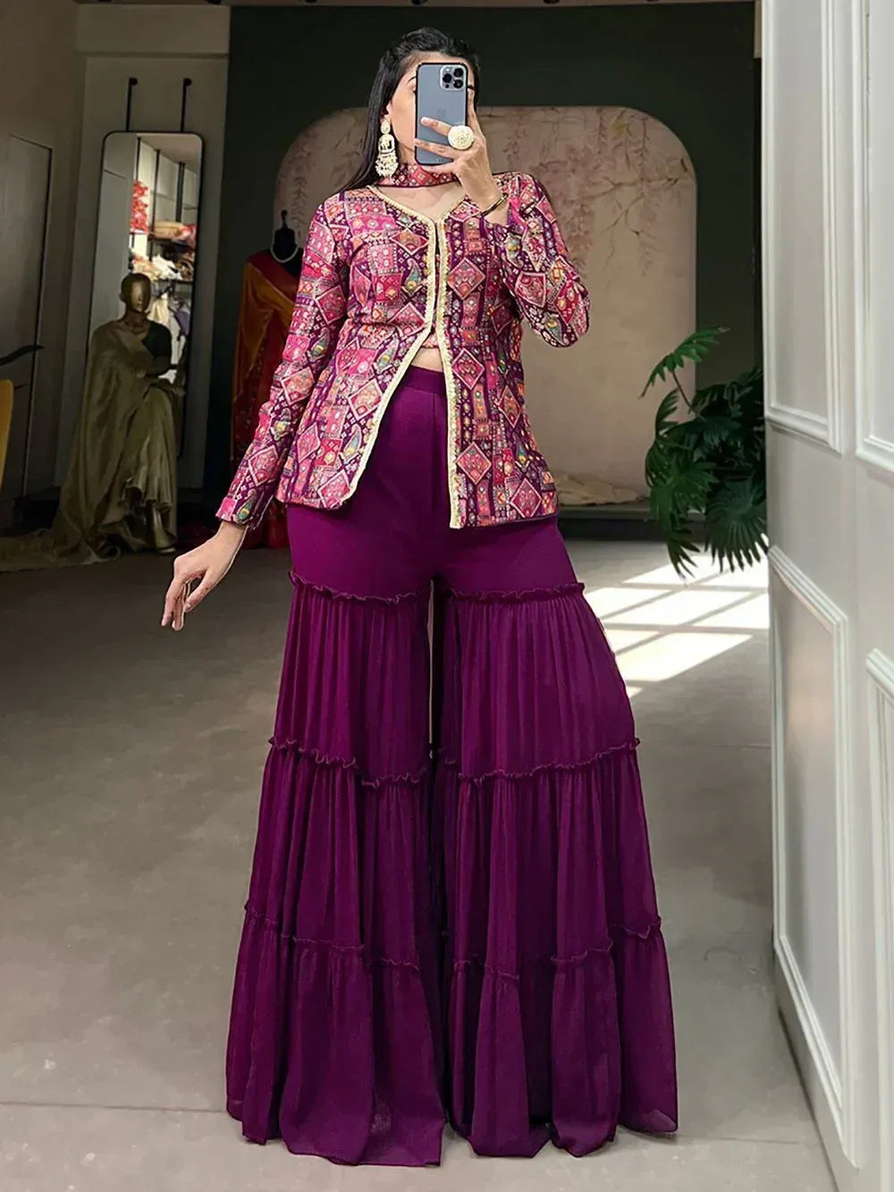 Purple tiered palazzo pants with embroidered pink jacket, ethnic wear for women