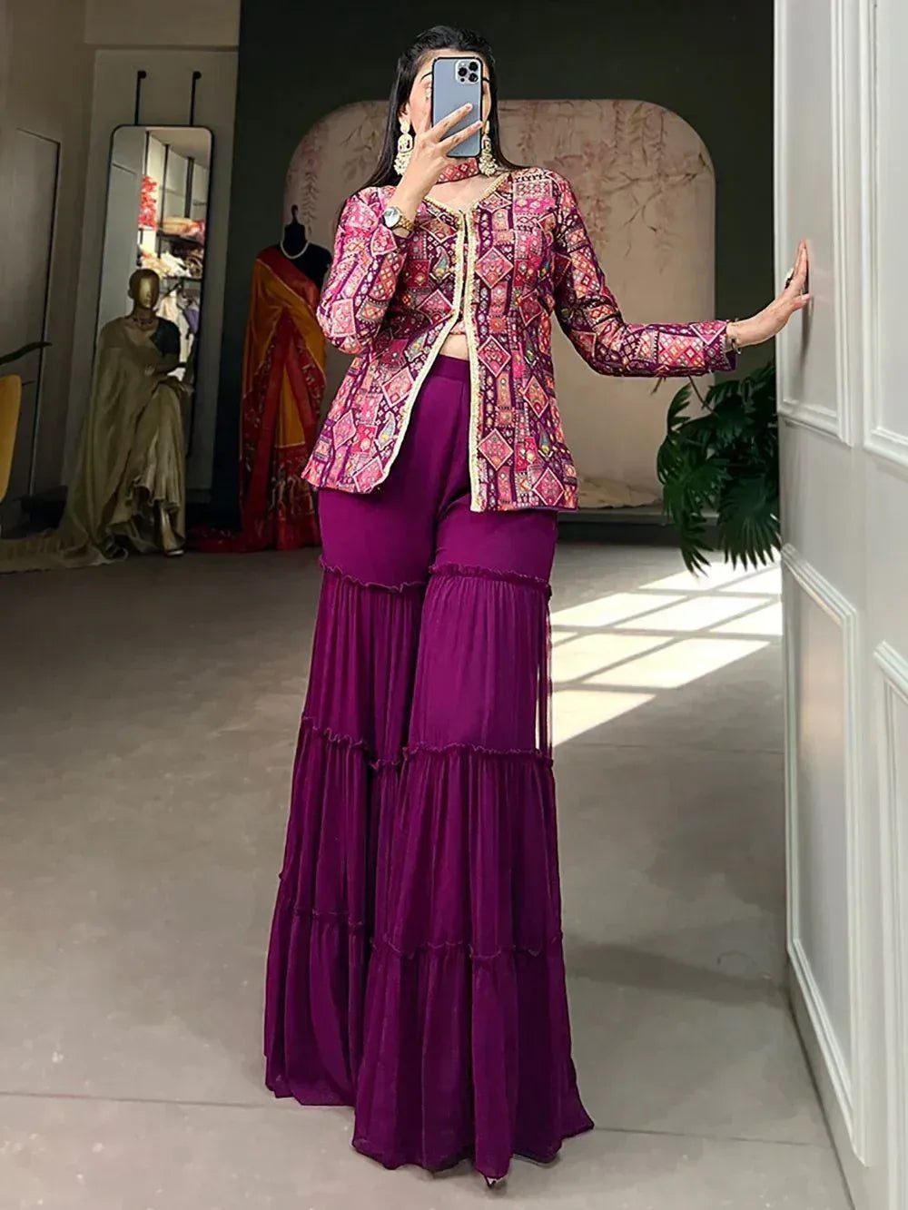 Purple tiered palazzo pants with embroidered pink jacket, Indian ethnic wear for women