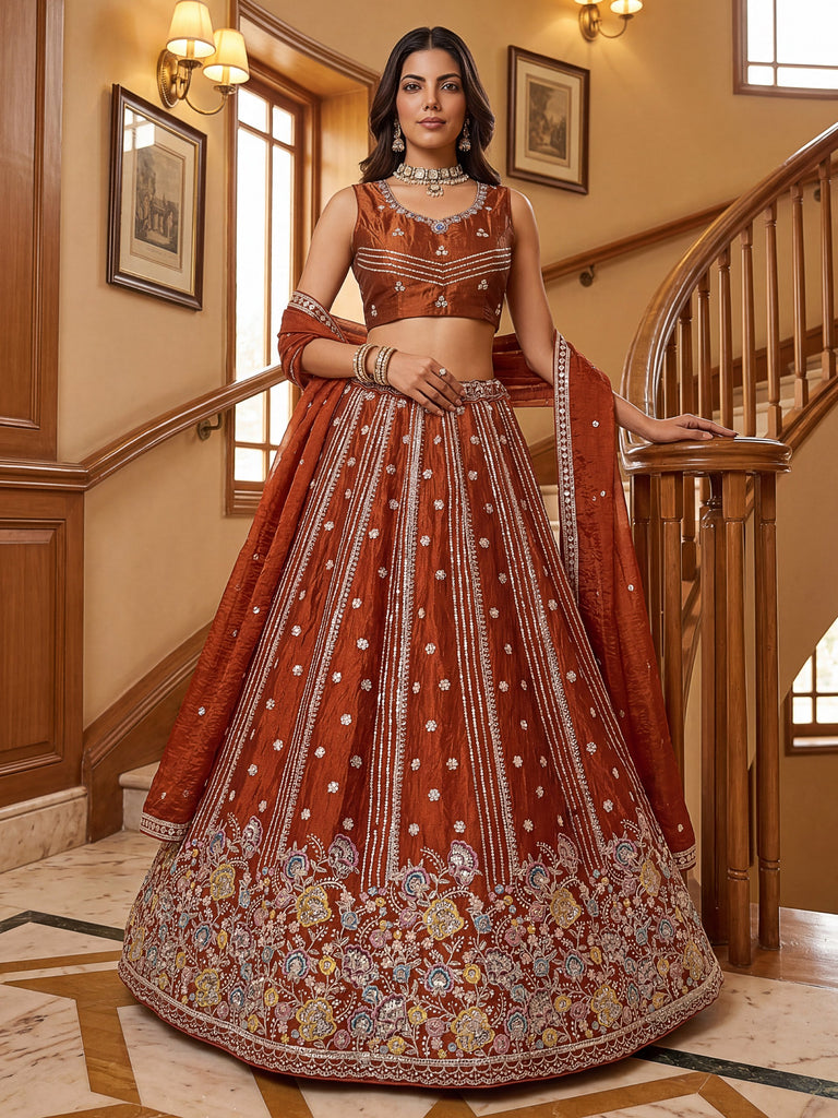 Rich Rust Orange Floral Embroidery Oragnza Wedding Wear Lehenga Choli