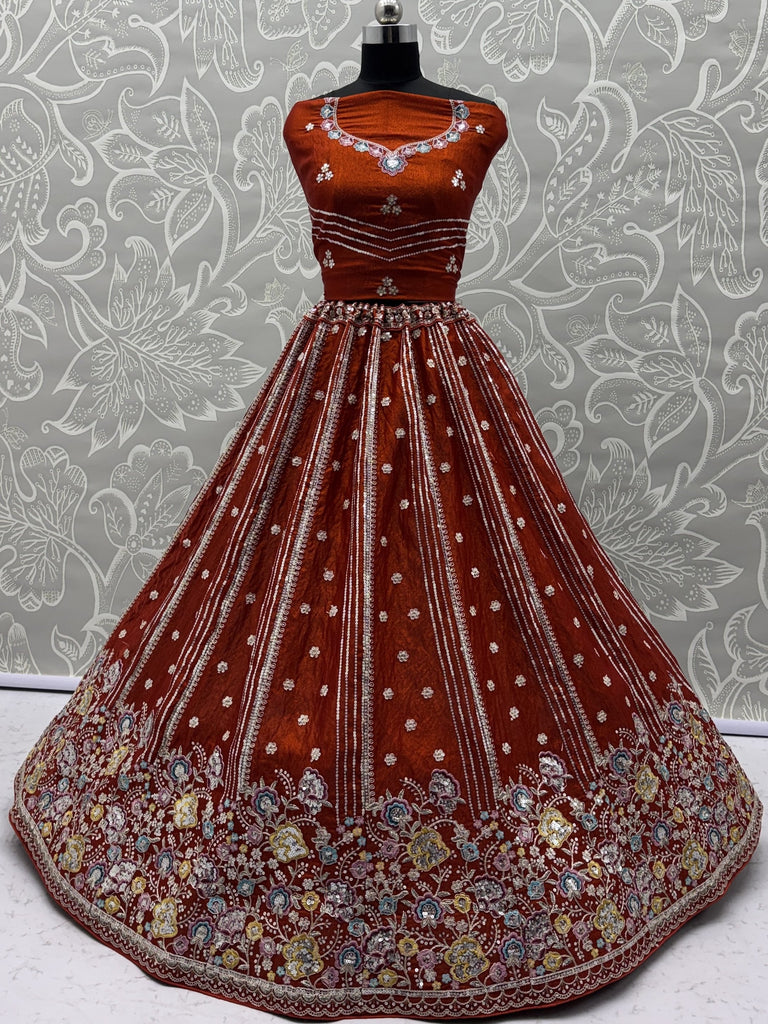 Rich Rust Orange Floral Embroidery Oragnza Wedding Wear Lehenga Choli