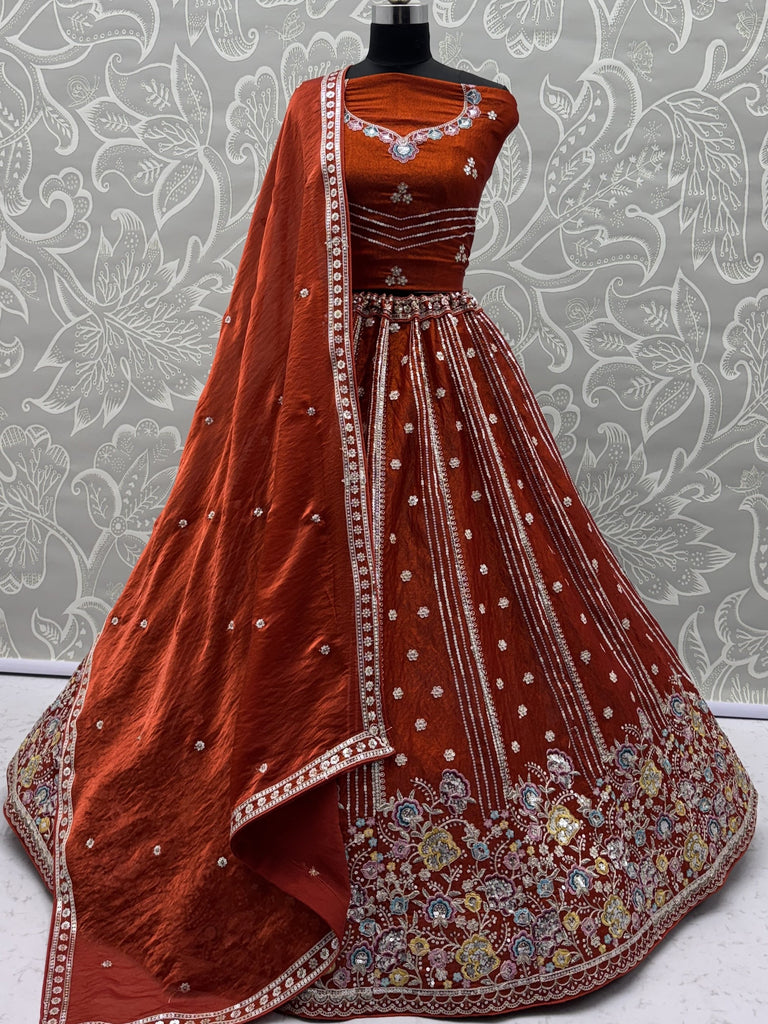 Rich Rust Orange Floral Embroidery Oragnza Wedding Wear Lehenga Choli