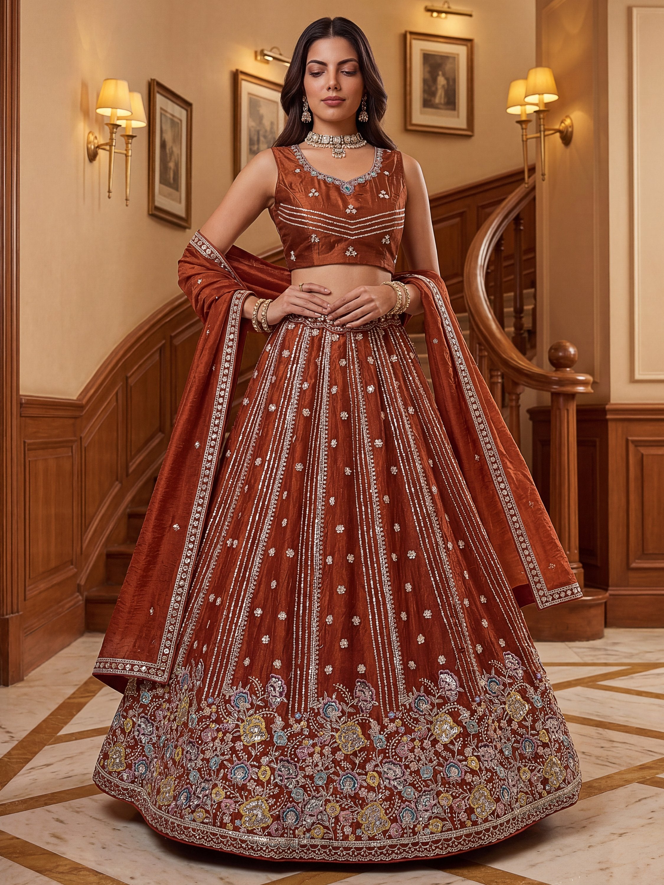 Rich Rust Orange Floral Embroidery Oragnza Wedding Wear Lehenga Choli