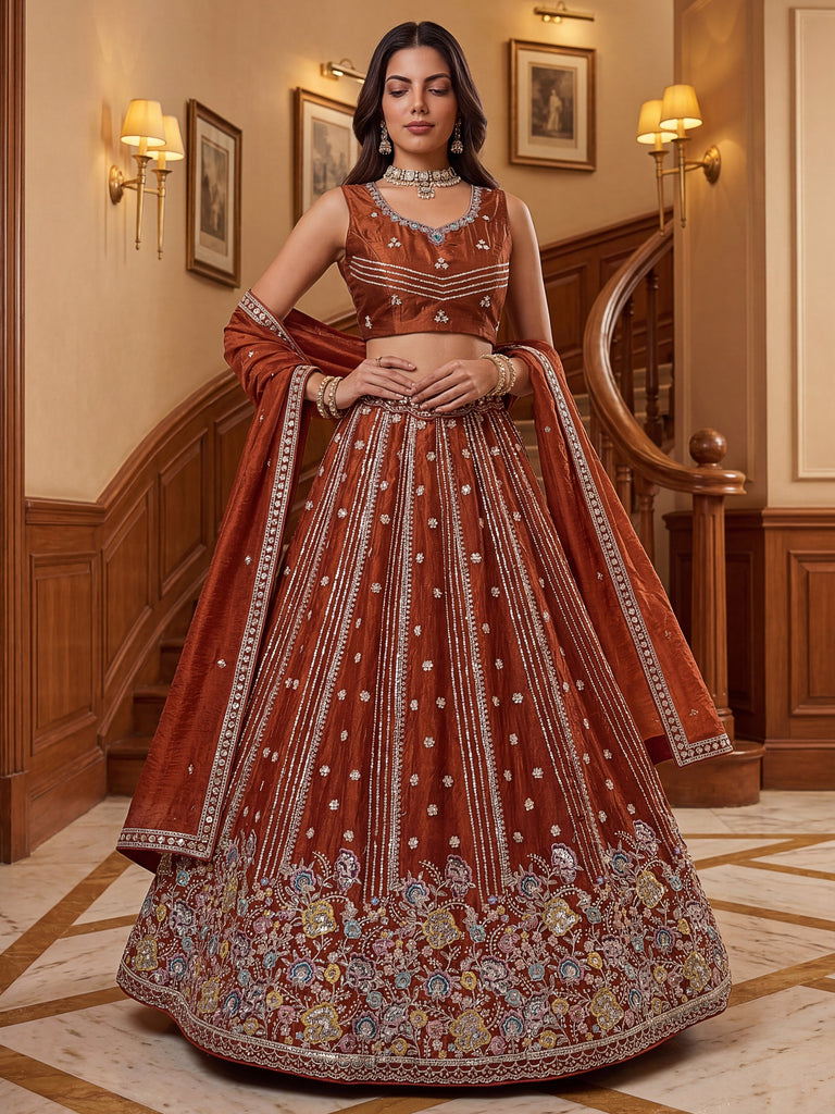 Rich Rust Orange Floral Embroidery Oragnza Wedding Wear Lehenga Choli