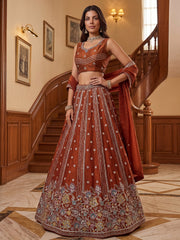 Rich Rust Orange Floral Embroidery Oragnza Wedding Wear Lehenga Choli