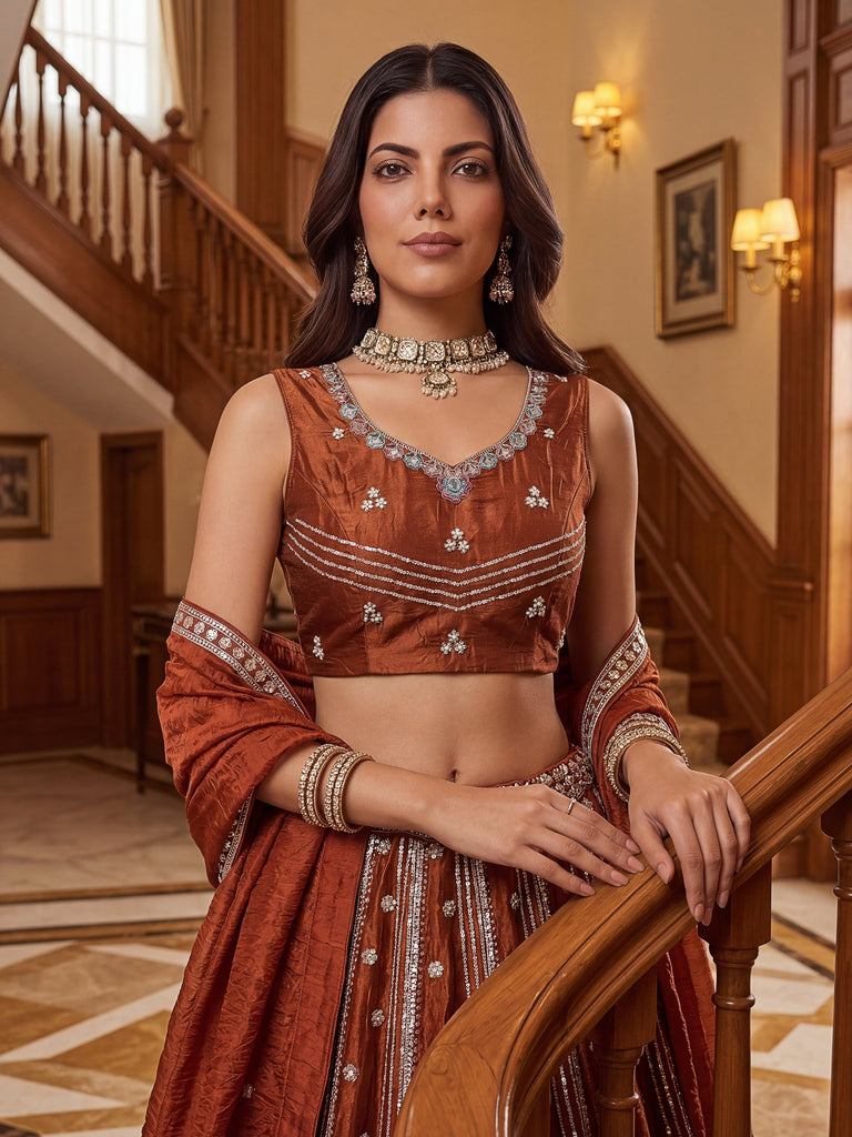 Rich Rust Orange Floral Embroidery Oragnza Wedding Wear Lehenga Choli