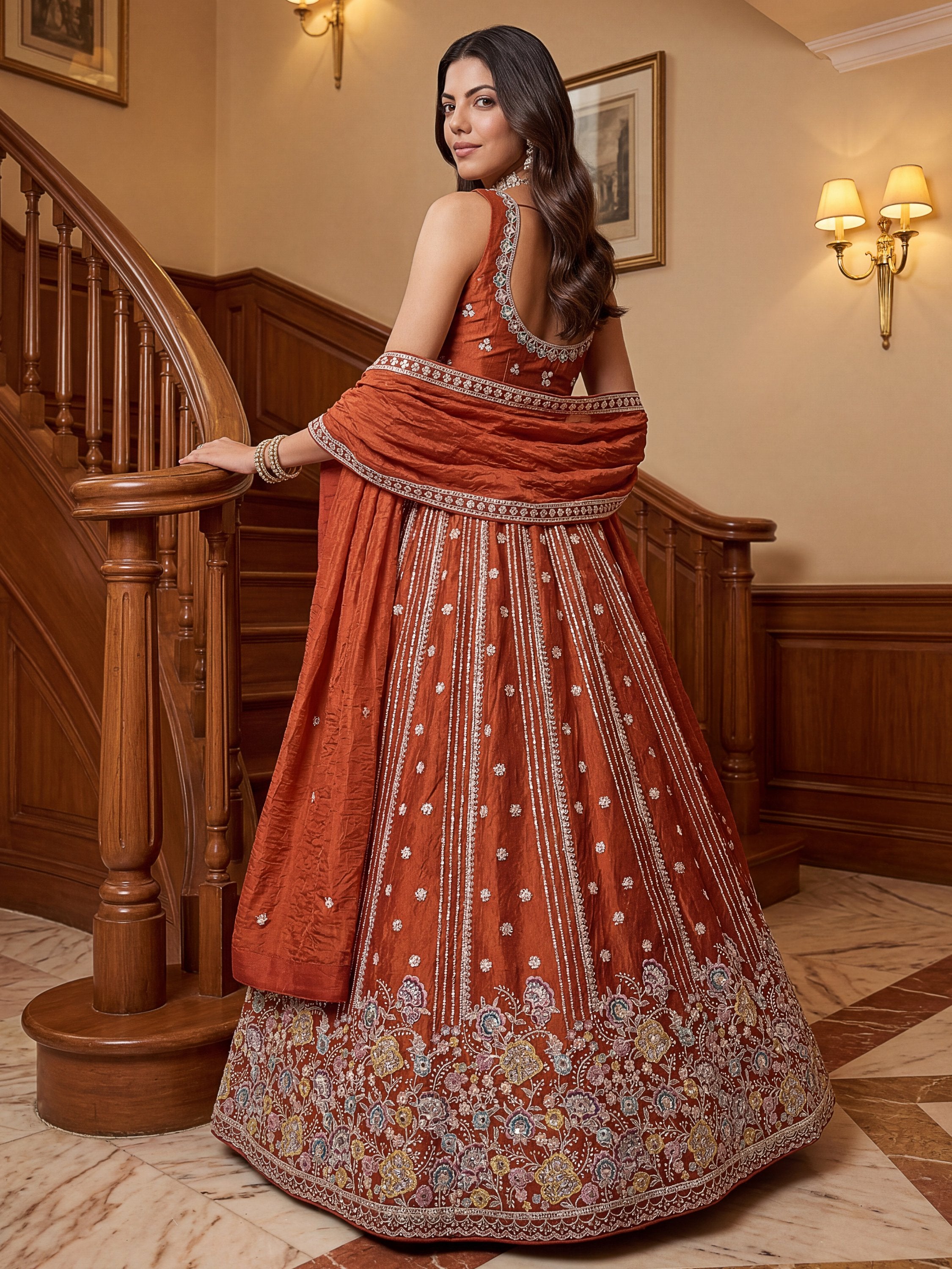 Rich Rust Orange Floral Embroidery Oragnza Wedding Wear Lehenga Choli