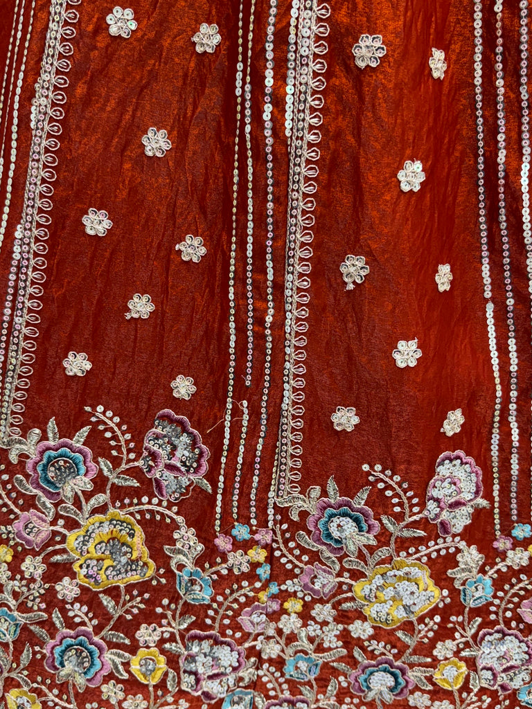 Rich Rust Orange Floral Embroidery Oragnza Wedding Wear Lehenga Choli