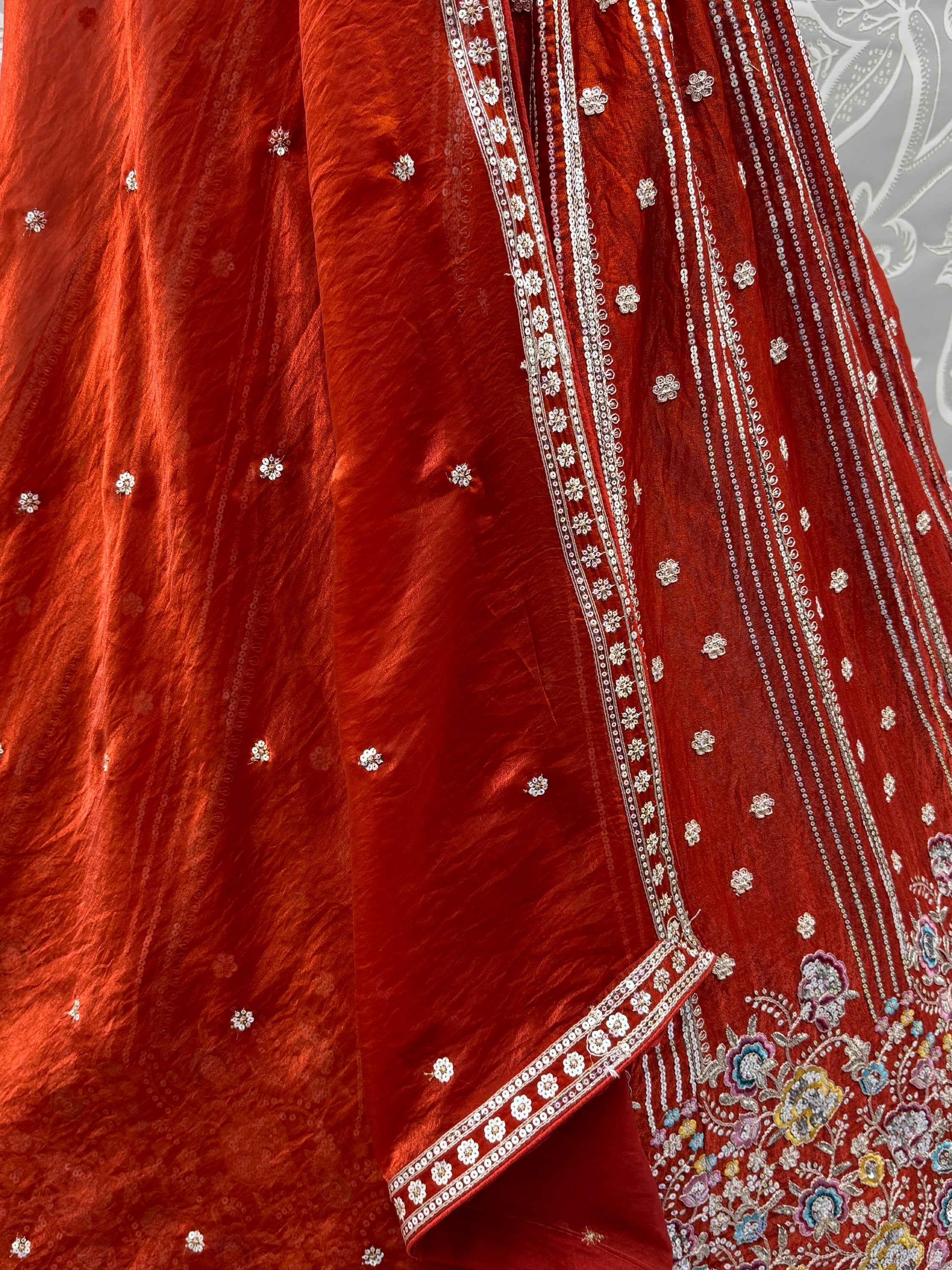 Rich Rust Orange Floral Embroidery Oragnza Wedding Wear Lehenga Choli