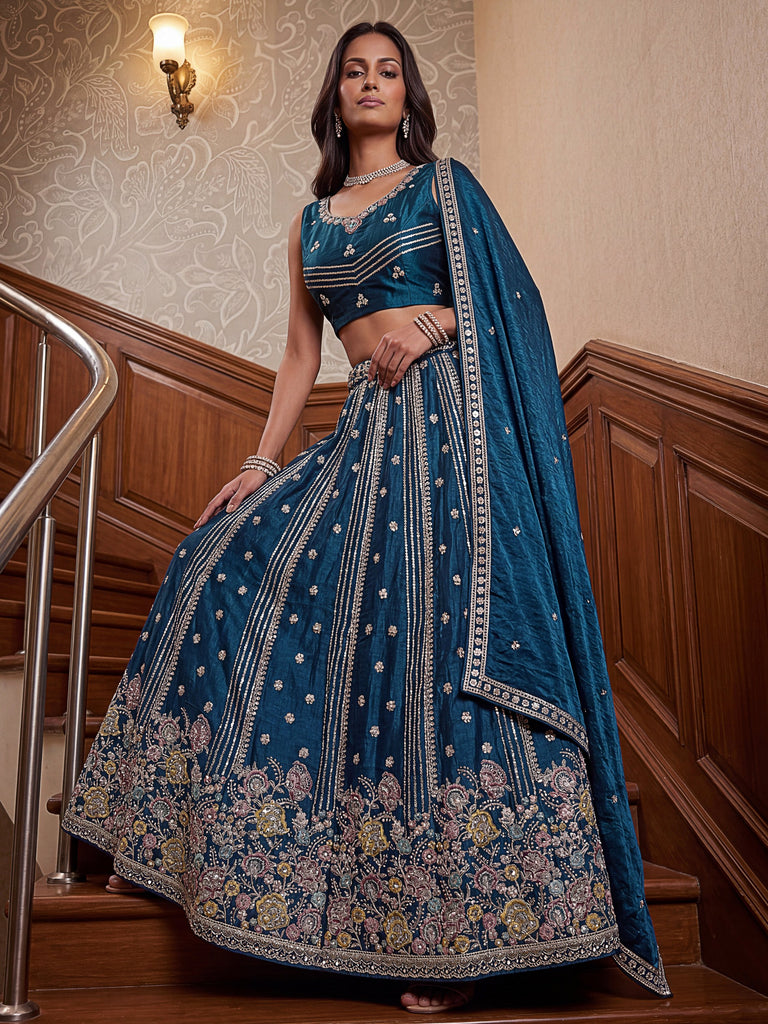 Dazzling Teal Blue Sequins Oragnza Marriage Wear Lehenga With Blouse